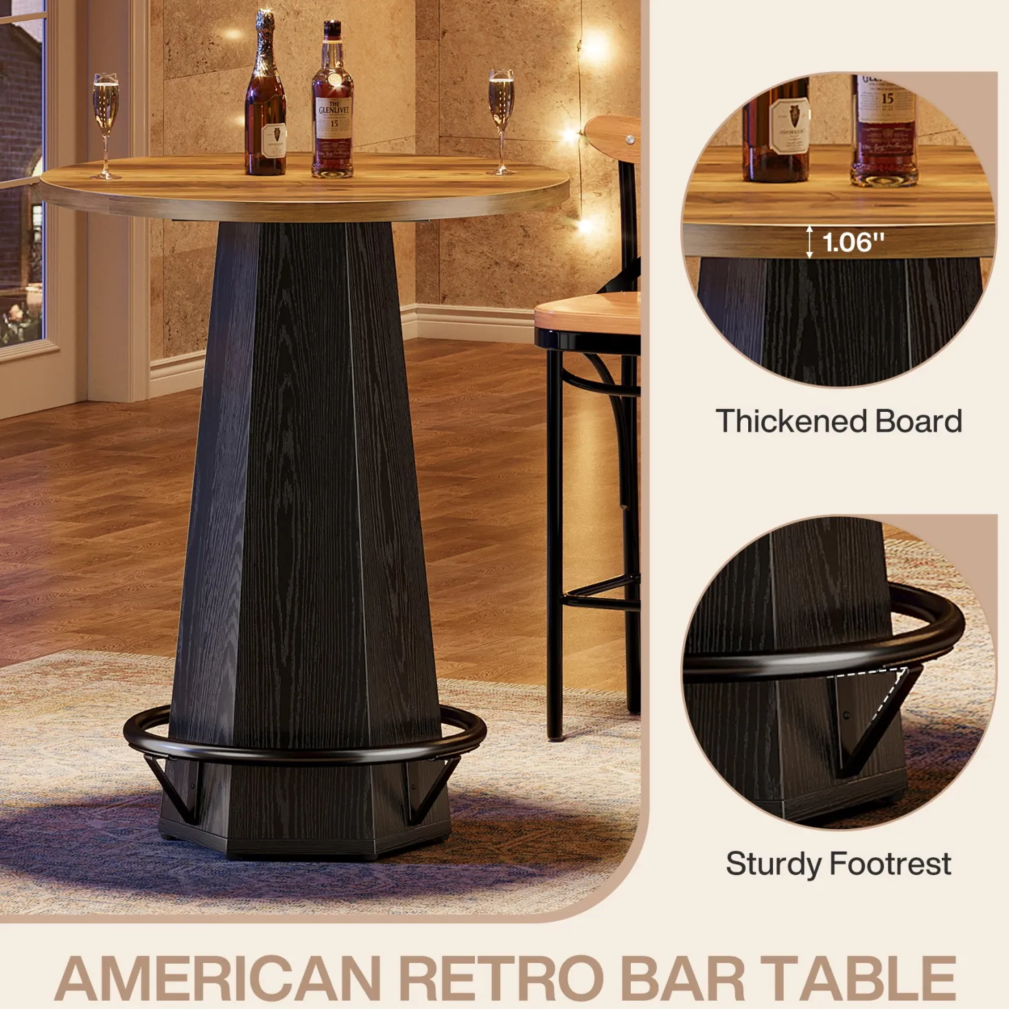 Round Bar Table, 39.4" H Bistro Pub Cocktail Table with Metal Footrest
