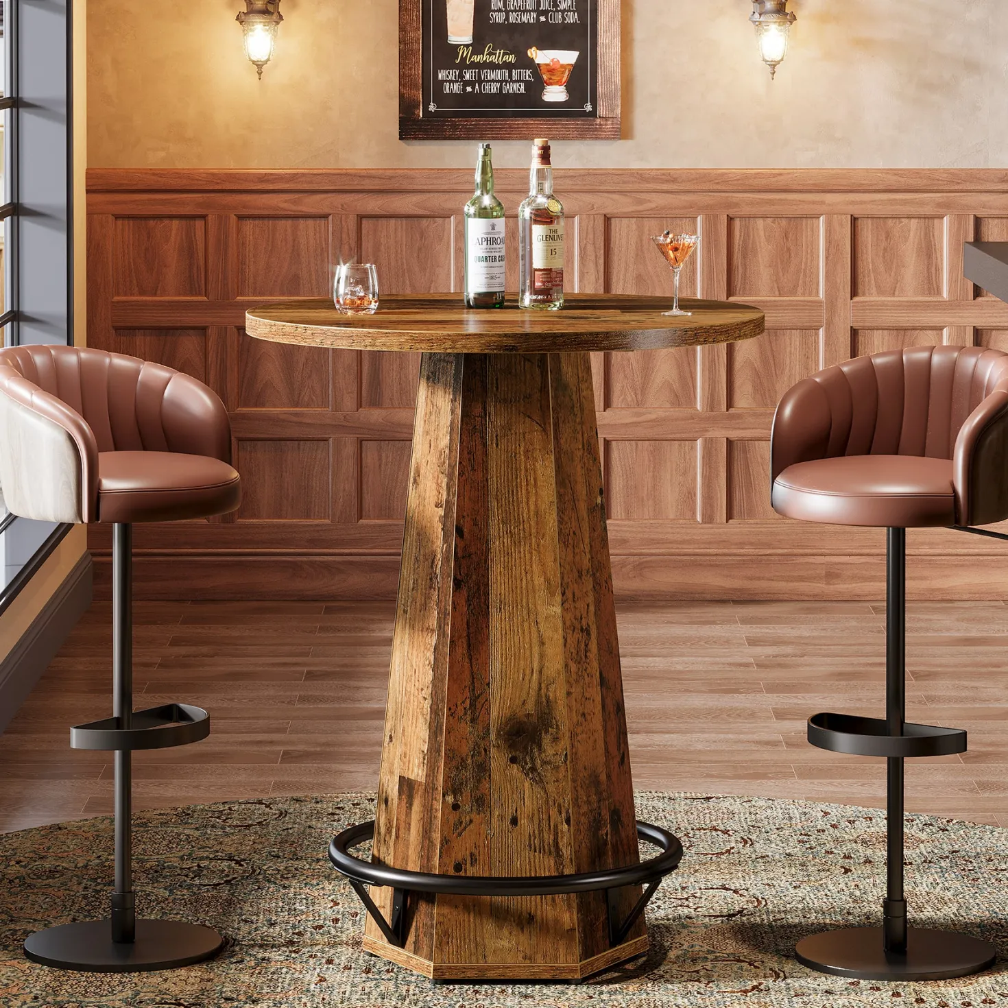 Round Bar Table, 39.4" H Bistro Pub Cocktail Table with Metal Footrest