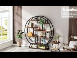 Round Bookshelf, 63 Inch Etagere Bookcase with Staggered Shelves