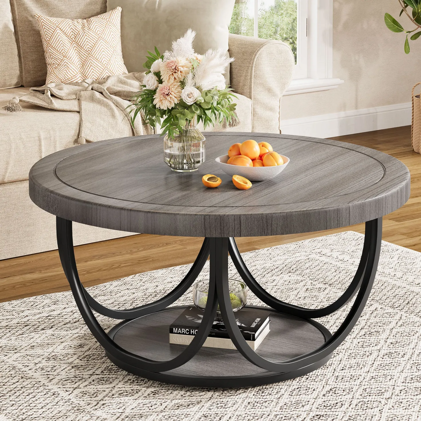 Round Coffee Table, 31.5" Circle Accent Cocktail Table with Storage Shelf