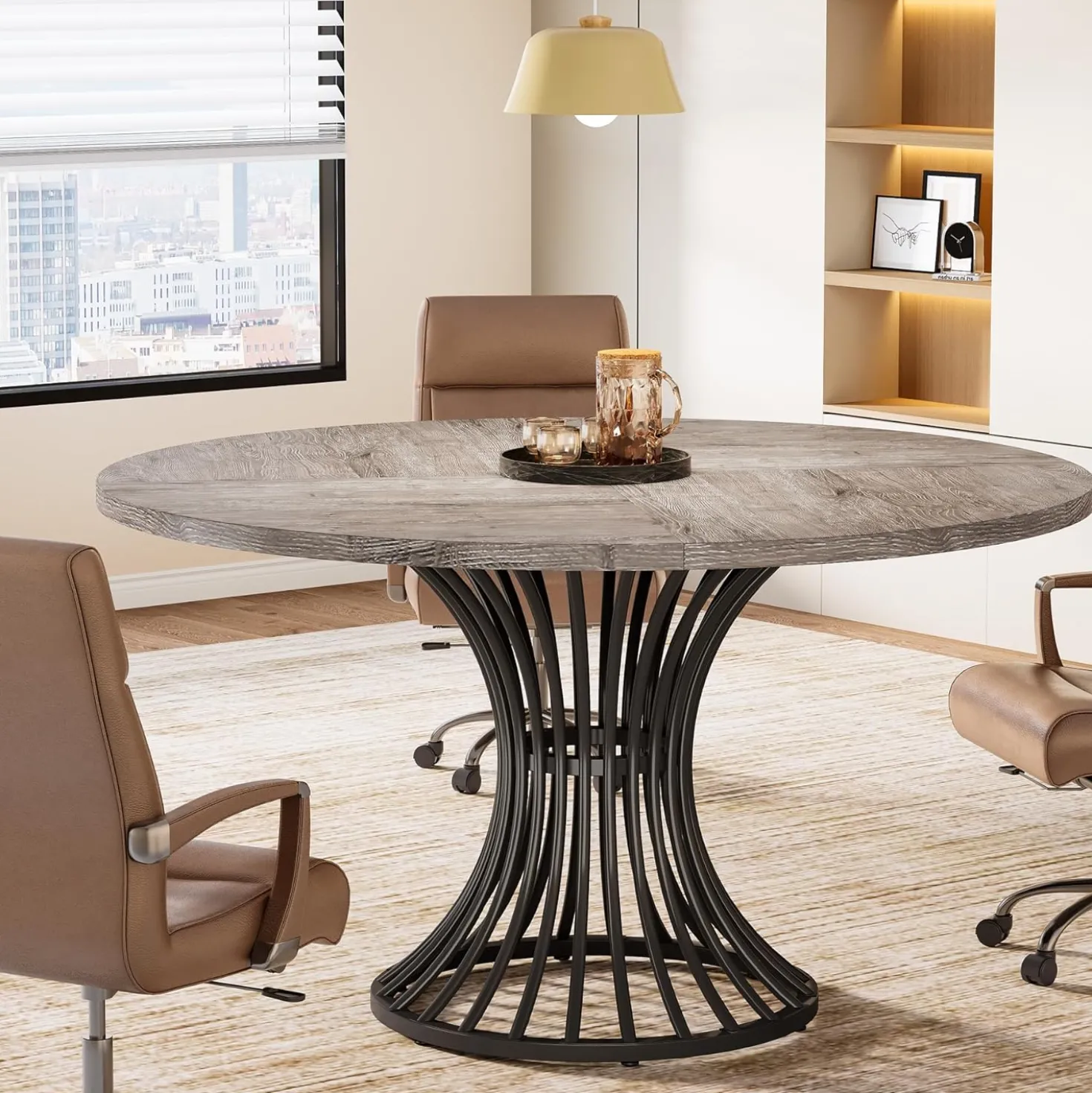 Round Conference Table for 4-6, 47" Meeting Table with Metal Base