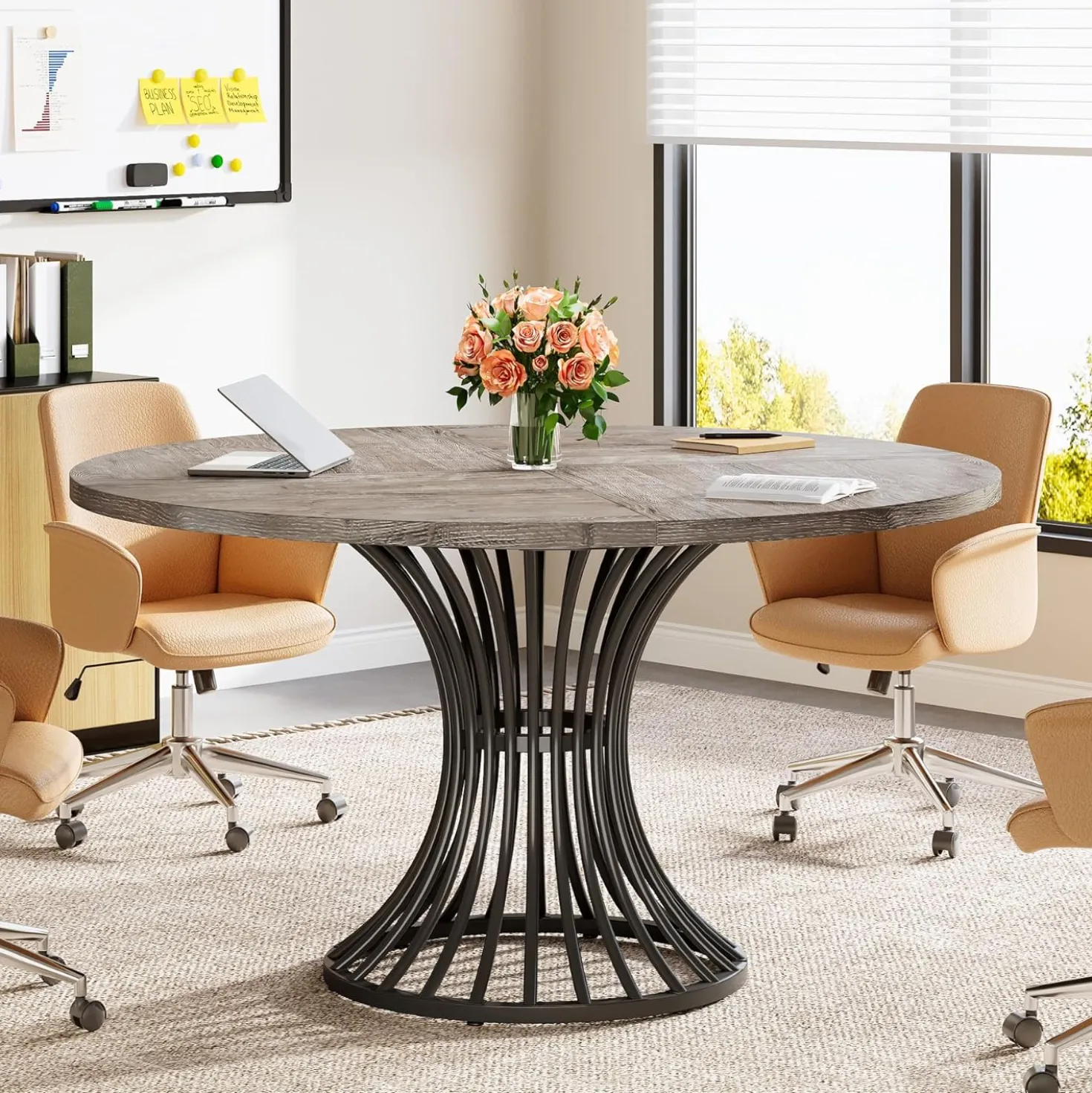 Round Conference Table for 4-6, 47" Meeting Table with Metal Base
