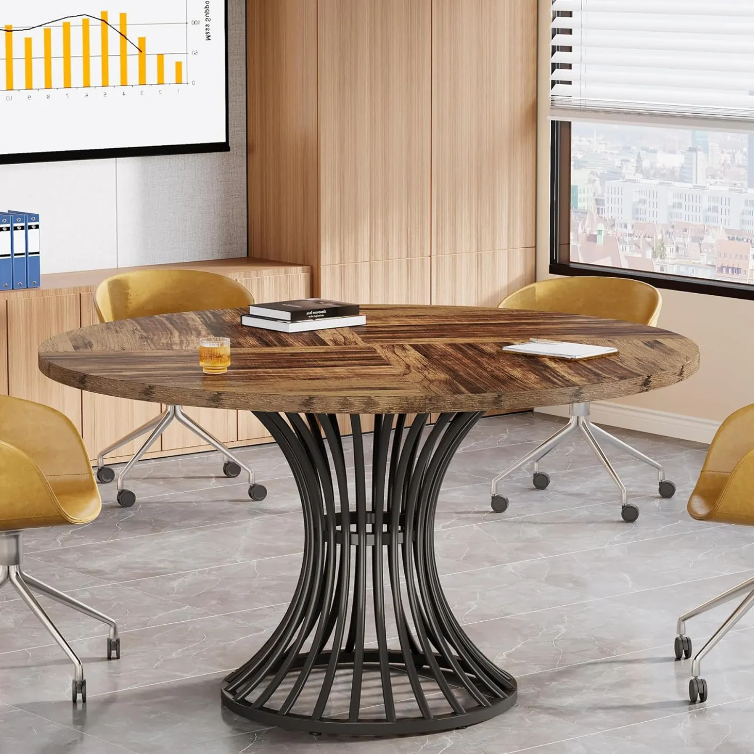 Round Conference Table for 4-6, 47" Meeting Table with Metal Base