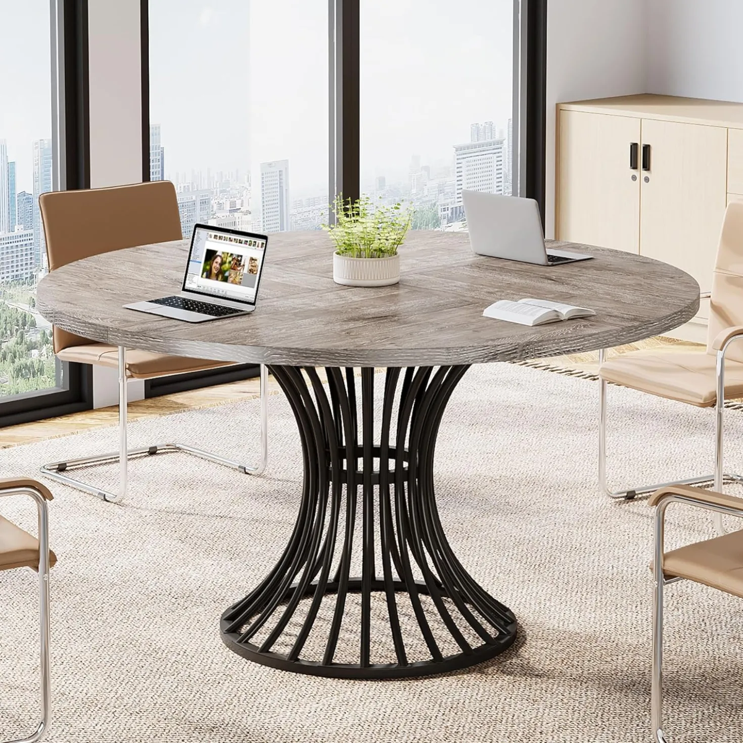 Round Conference Table for 4-6, 47" Meeting Table with Metal Base