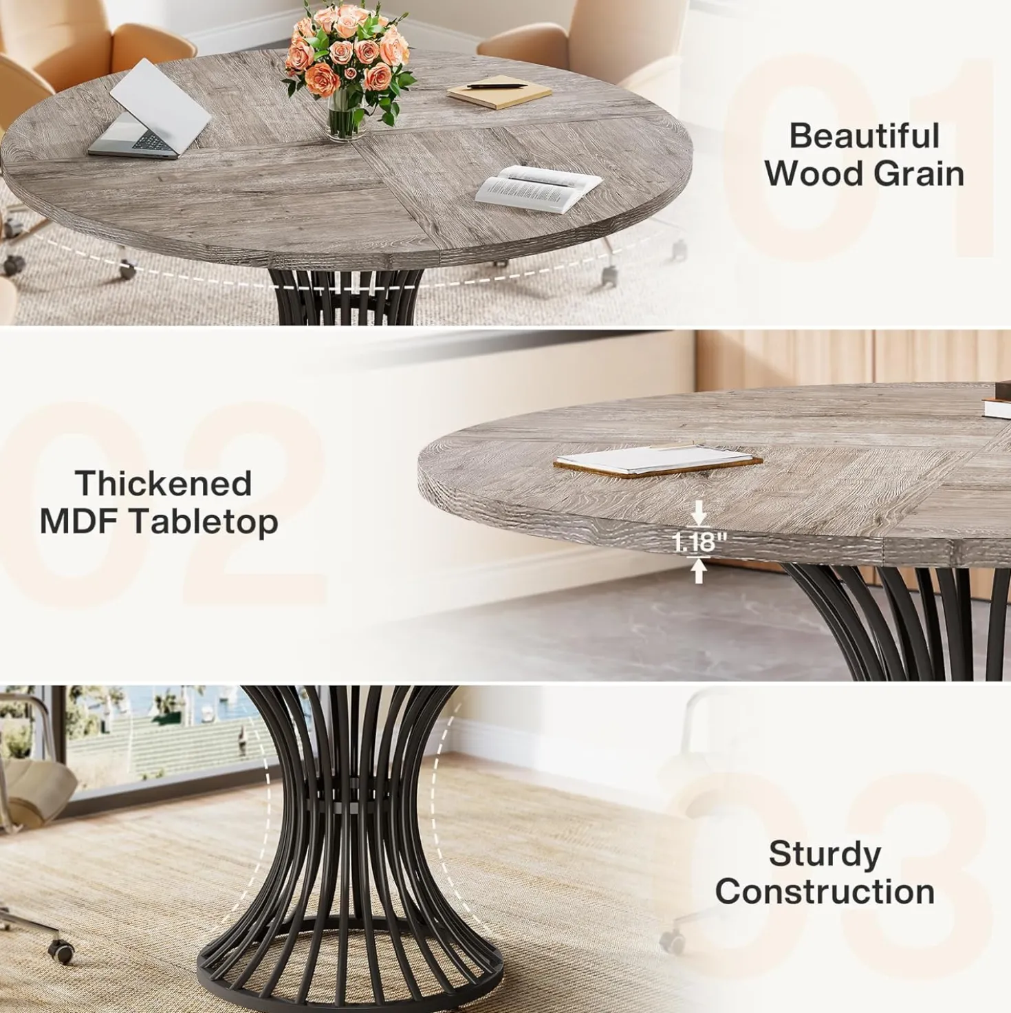 Round Conference Table for 4-6, 47" Meeting Table with Metal Base