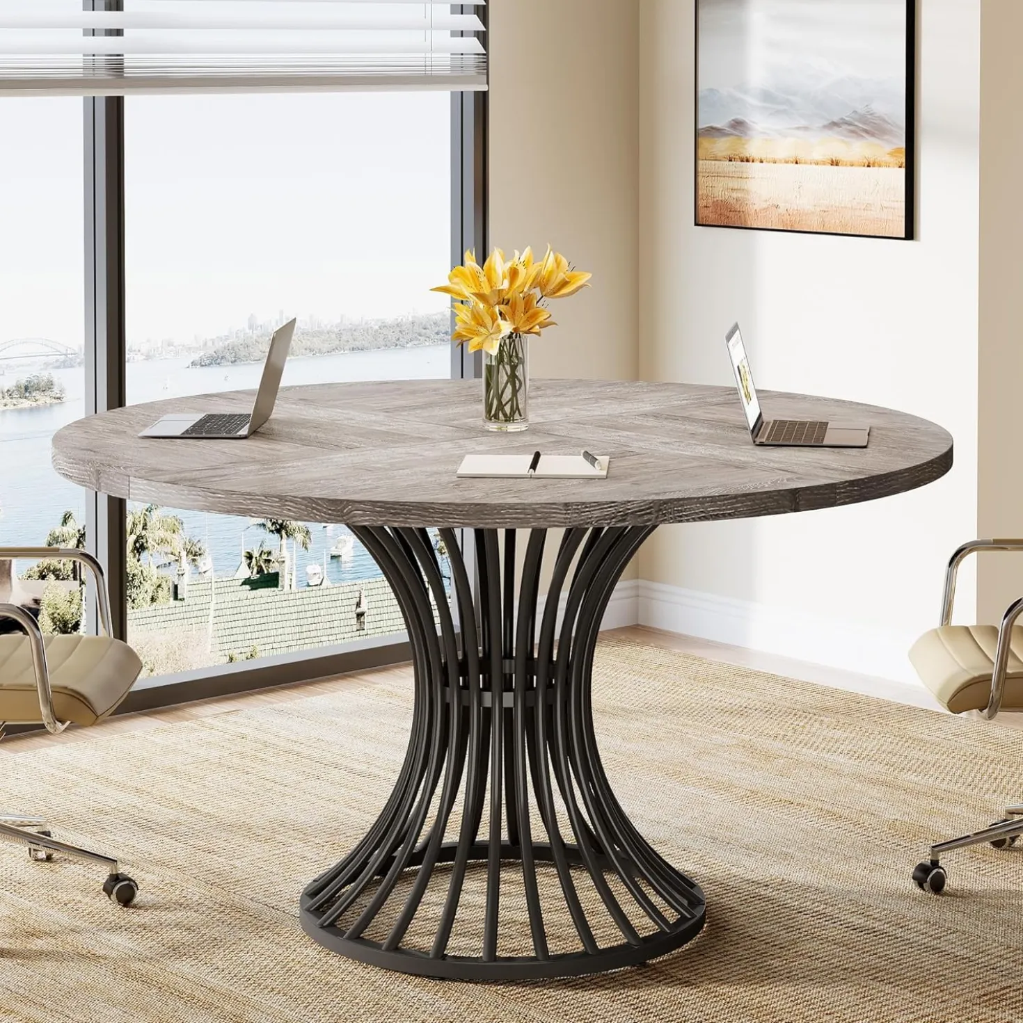 Round Conference Table for 4-6, 47" Meeting Table with Metal Base