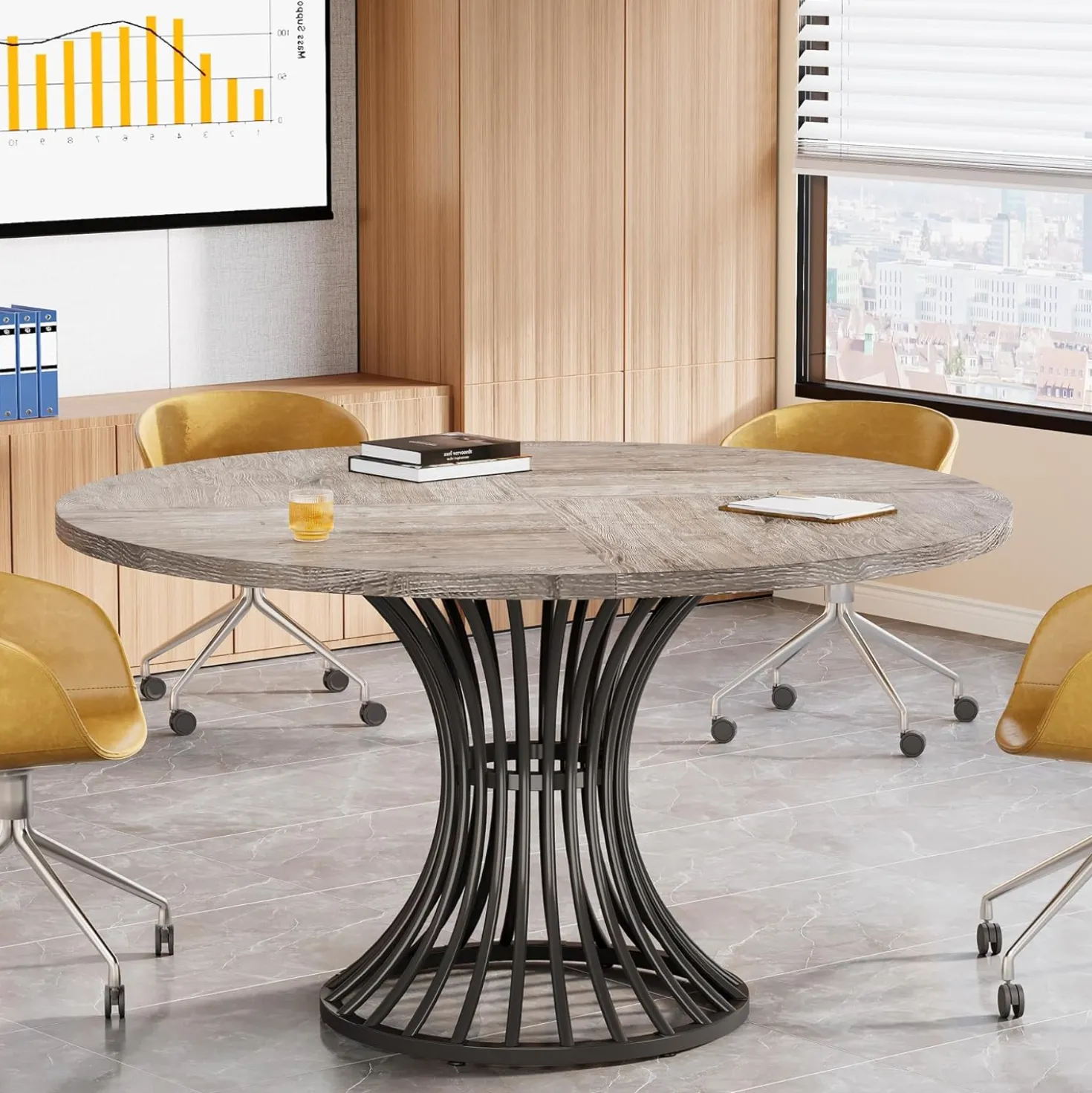 Round Conference Table for 4-6, 47" Meeting Table with Metal Base
