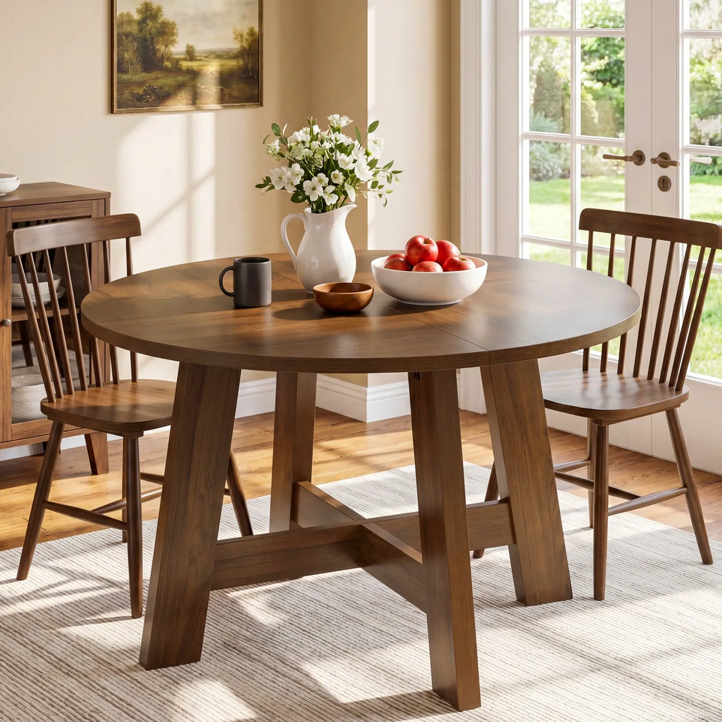 Round Dining Table for 4-6, 47" Kitchen Table with Reinforced Cross Brace