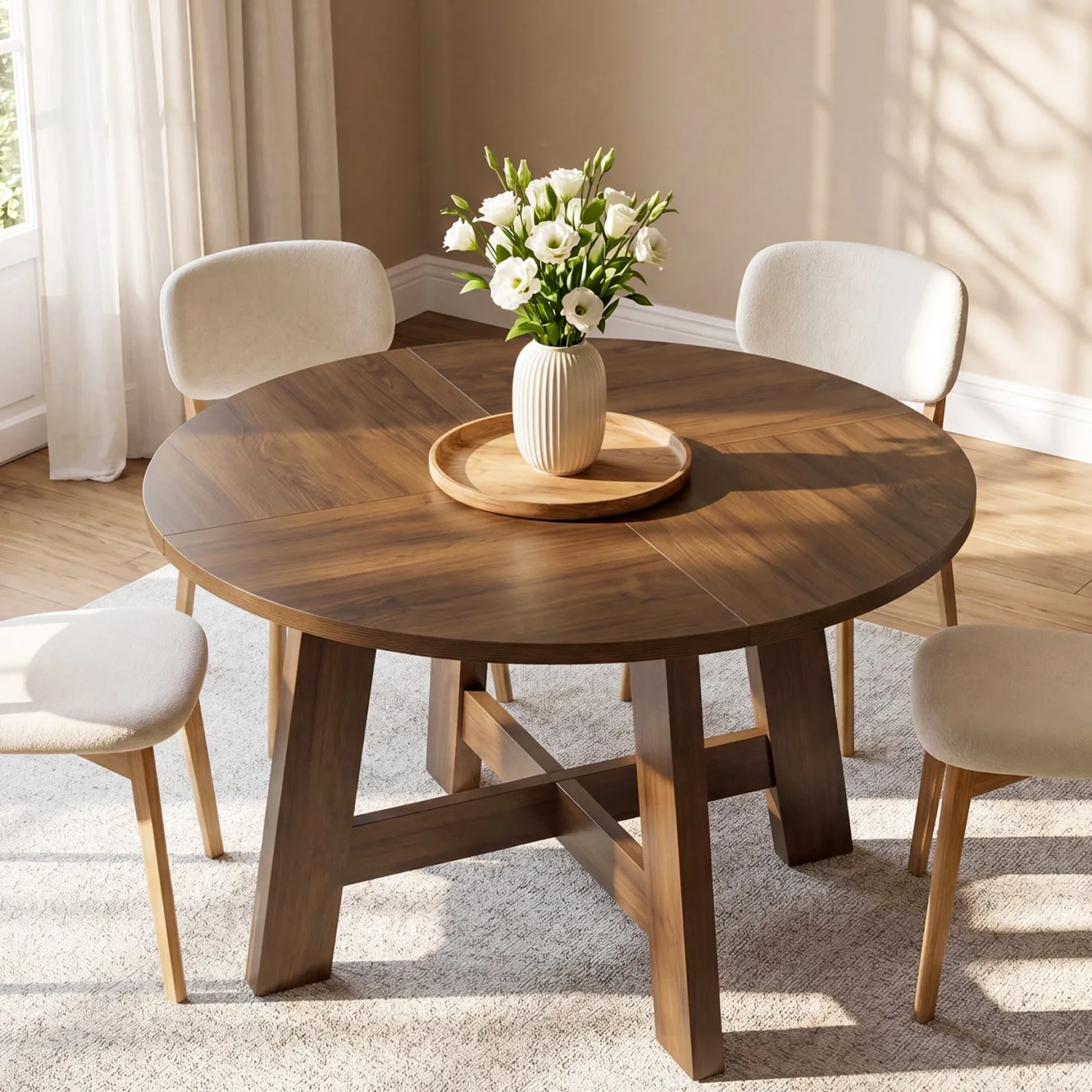 Round Dining Table for 4-6, 47" Kitchen Table with Reinforced Cross Brace