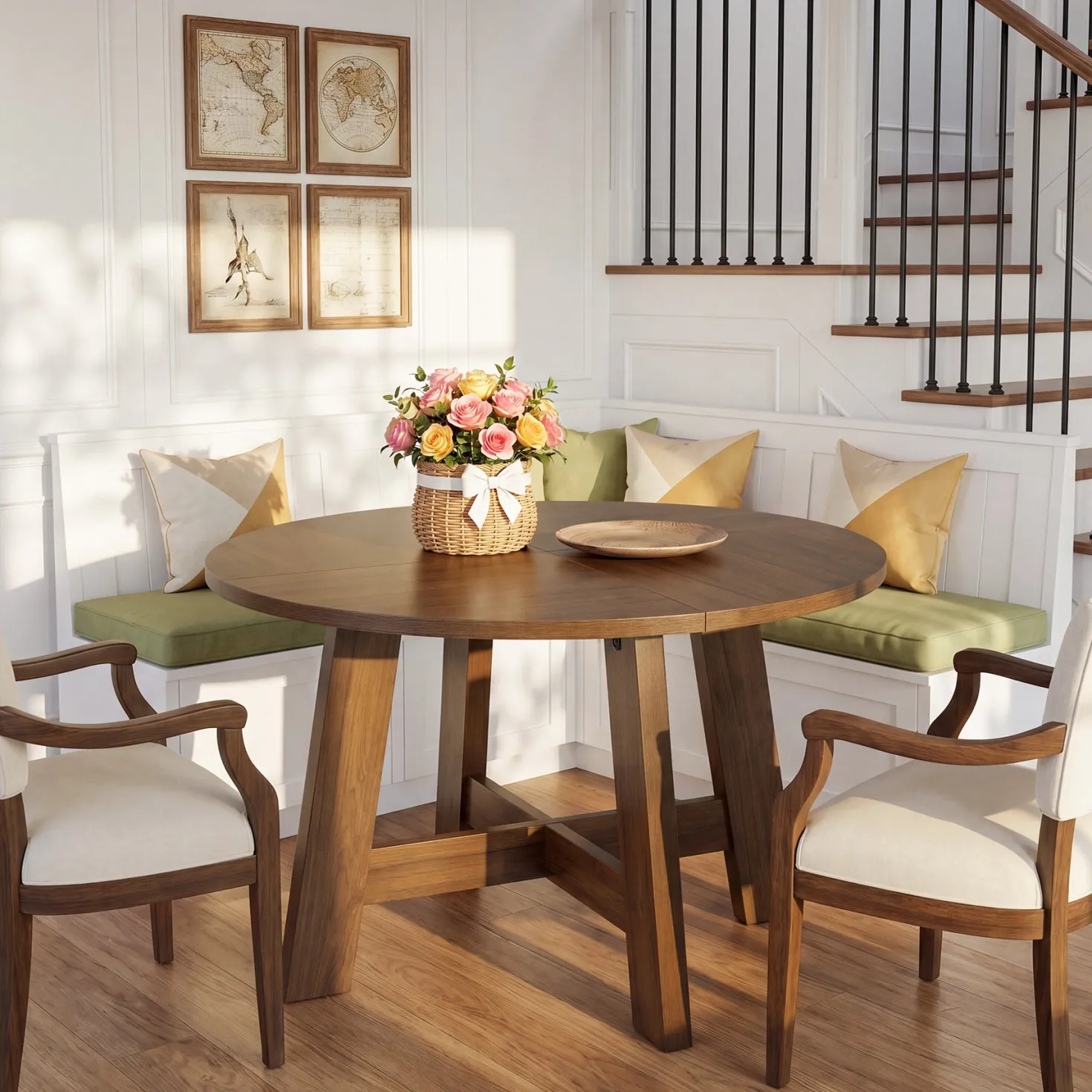 Round Dining Table for 4-6, 47" Kitchen Table with Reinforced Cross Brace