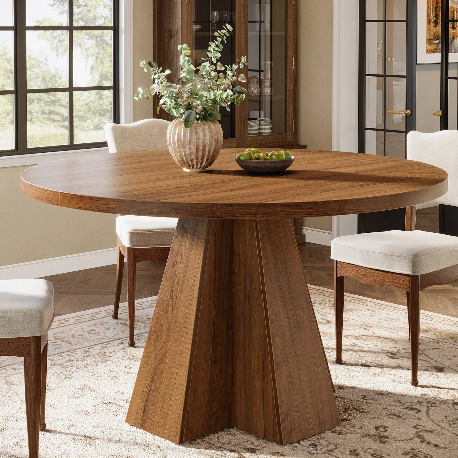 Round Dining Table for 4, Circle Kitchen Table with Pedestal Base