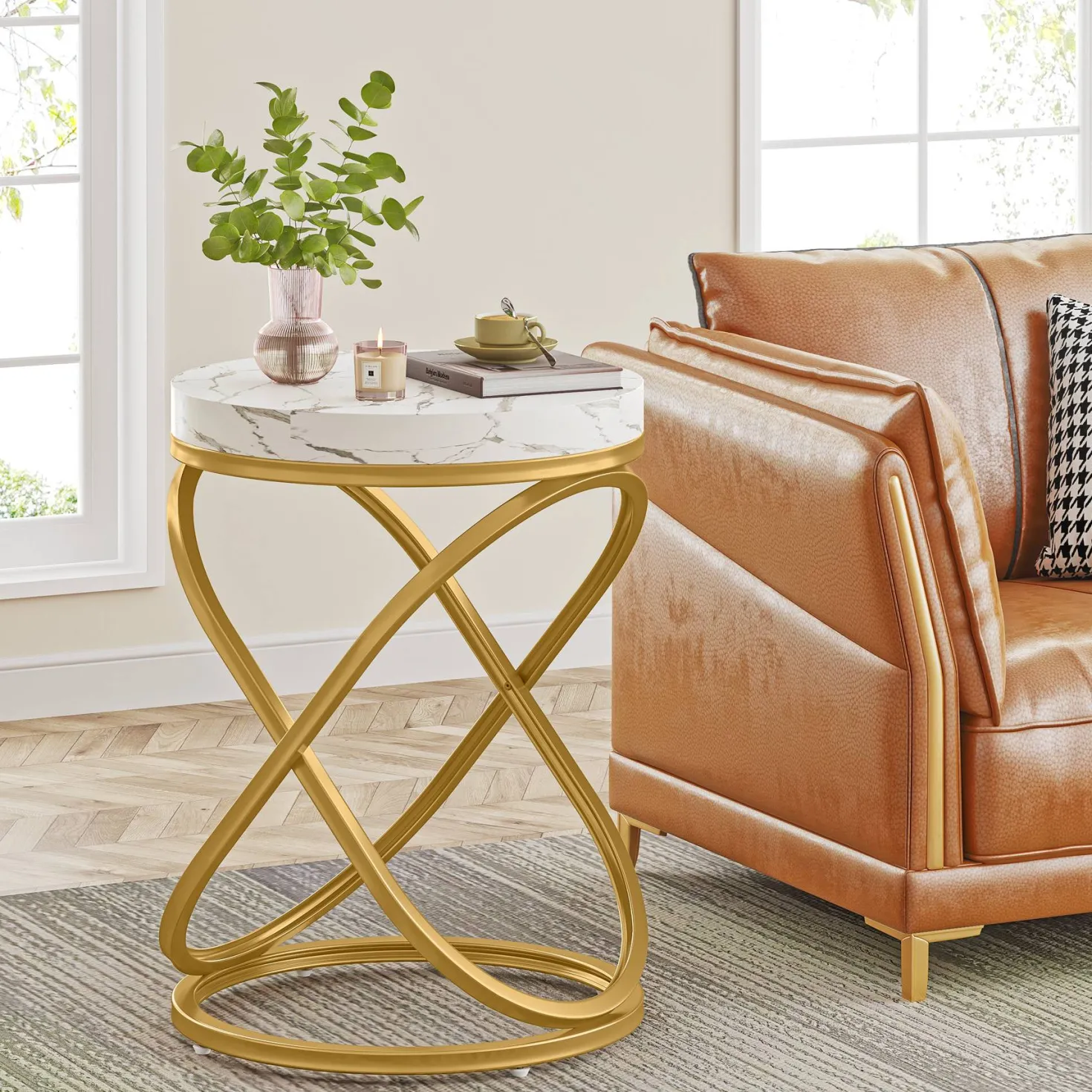 Round End Table, 26" Tall Sofa Side Table with Faux Marble Top