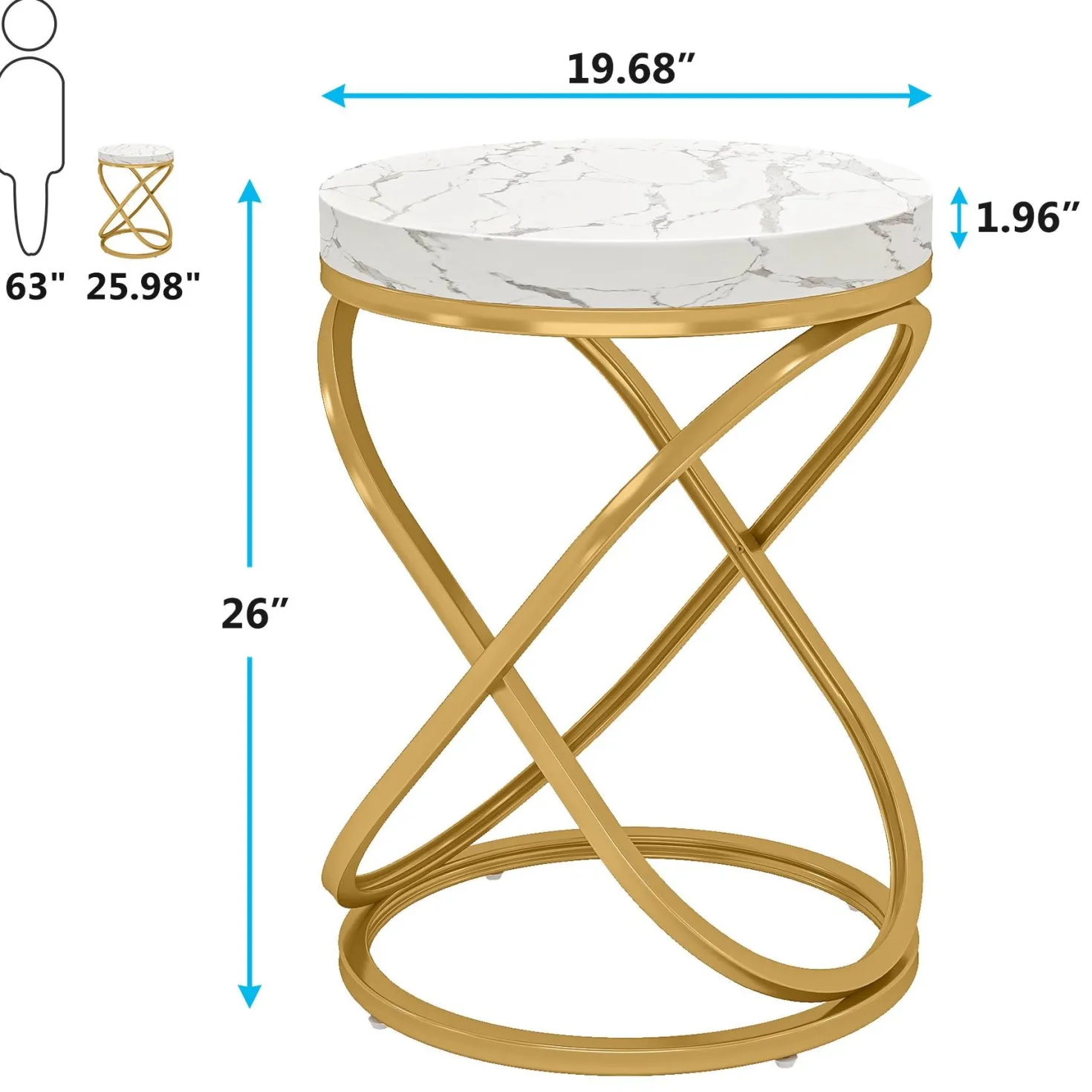Round End Table, 26" Tall Sofa Side Table with Faux Marble Top
