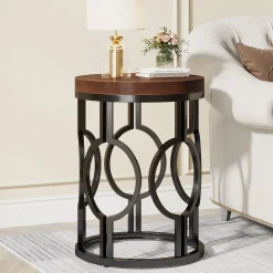 Round End Table, Industrial Side Table with Metal Hollow Frame