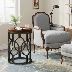 Round End Table, Industrial Side Table with Metal Hollow Frame
