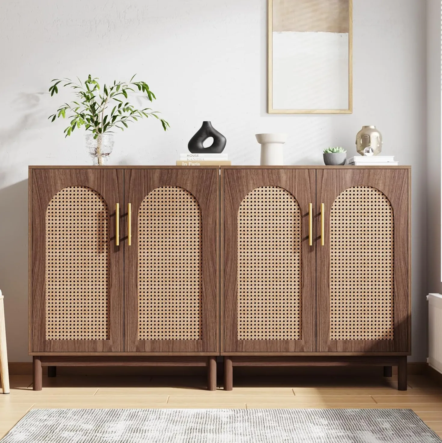 Sideboard Buffet Set of 2, Accent Rattan Storage Cabinet with Doors