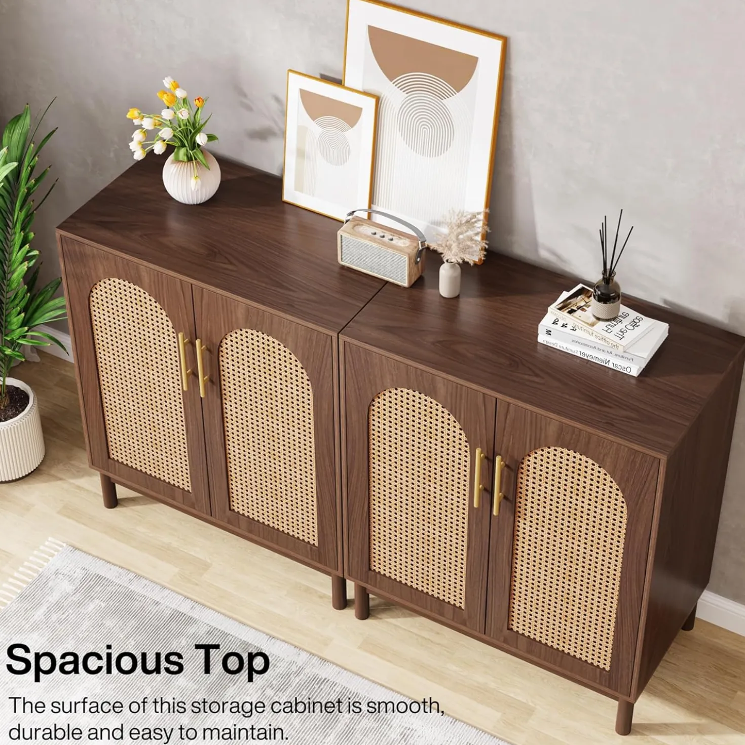 Sideboard Buffet Set of 2, Accent Rattan Storage Cabinet with Doors