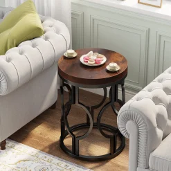 Small Round End Table, Industrial Metal Frame Side Table for Living Room & Bedroom