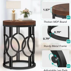Small Round End Table, Industrial Metal Frame Side Table for Living Room & Bedroom