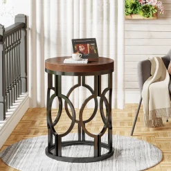 Small Round End Table, Industrial Metal Frame Side Table for Living Room & Bedroom