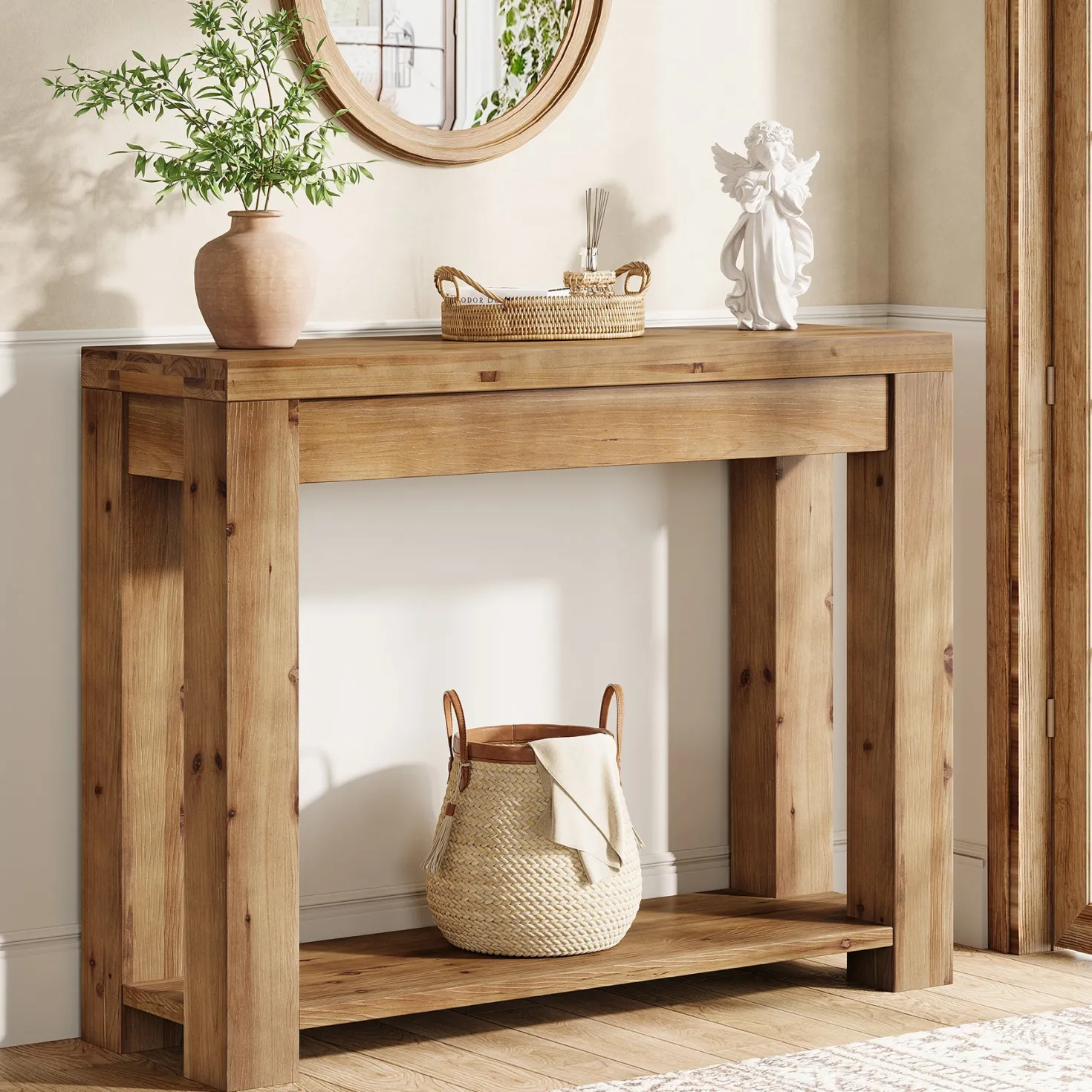 Solid Wood 43.31" Farmhouse Console Table, Narrow Entryway Sofa Table for Living Room, Hallway