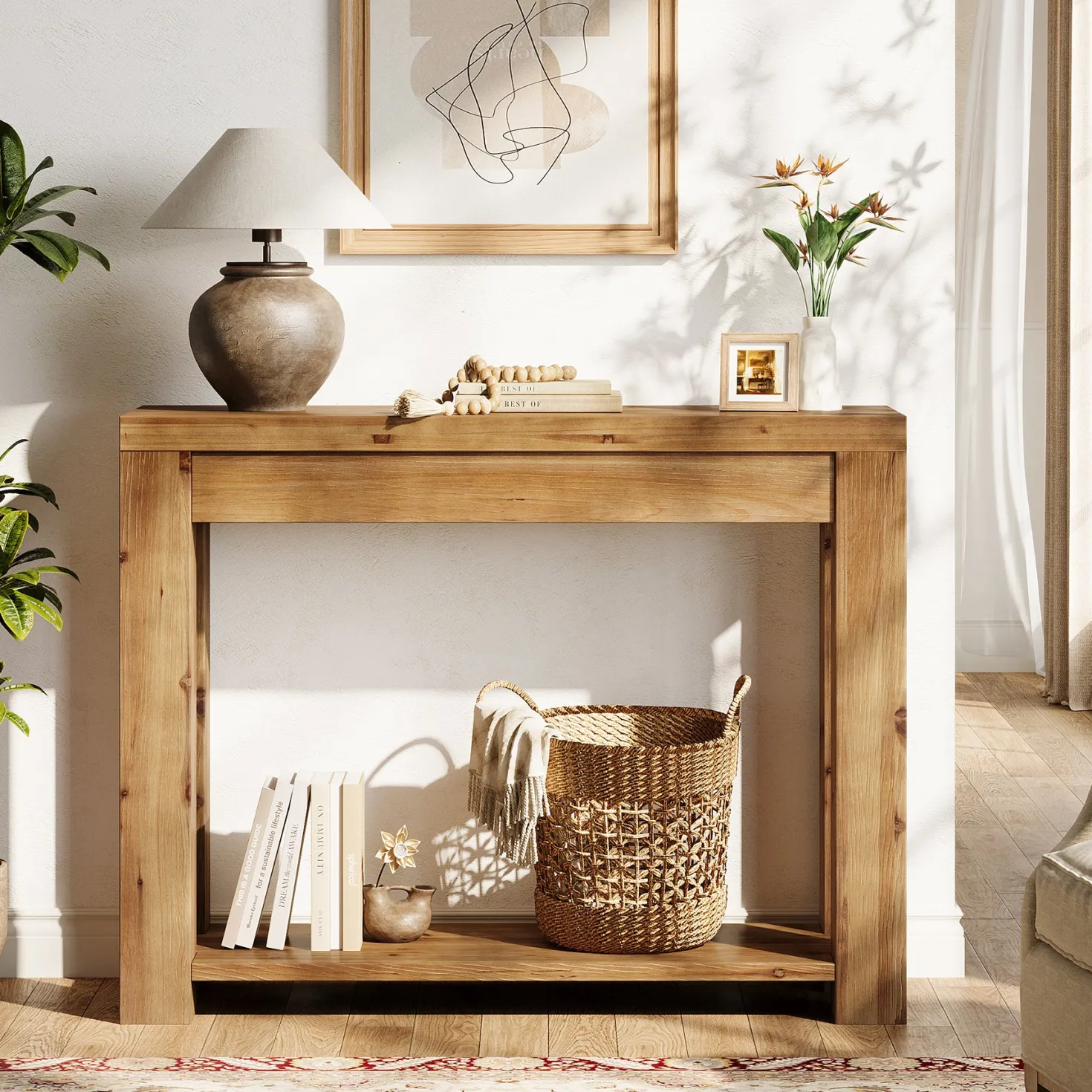 Solid Wood 43.31" Farmhouse Console Table, Narrow Entryway Sofa Table for Living Room, Hallway