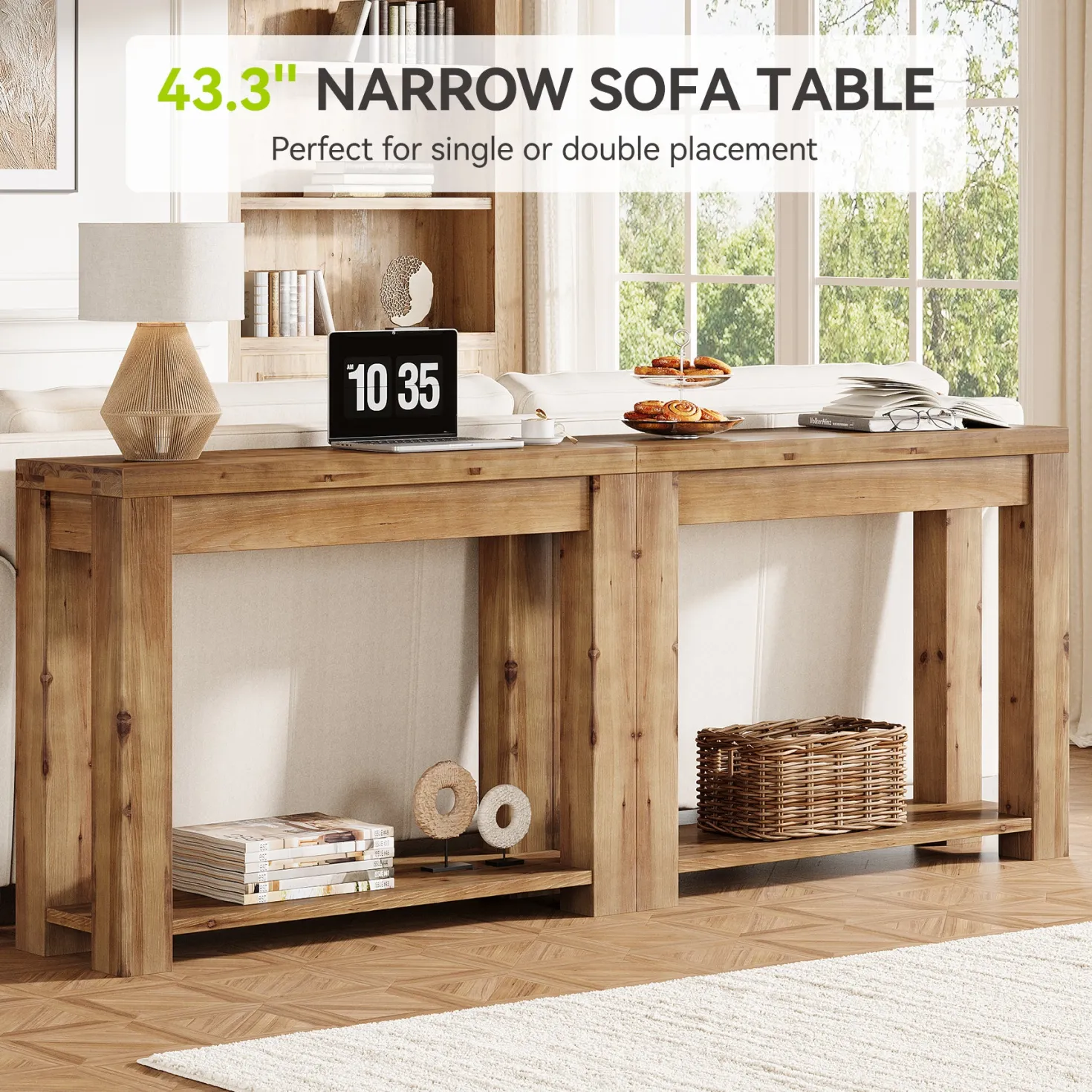 Solid Wood 43.31" Farmhouse Console Table, Narrow Entryway Sofa Table for Living Room, Hallway