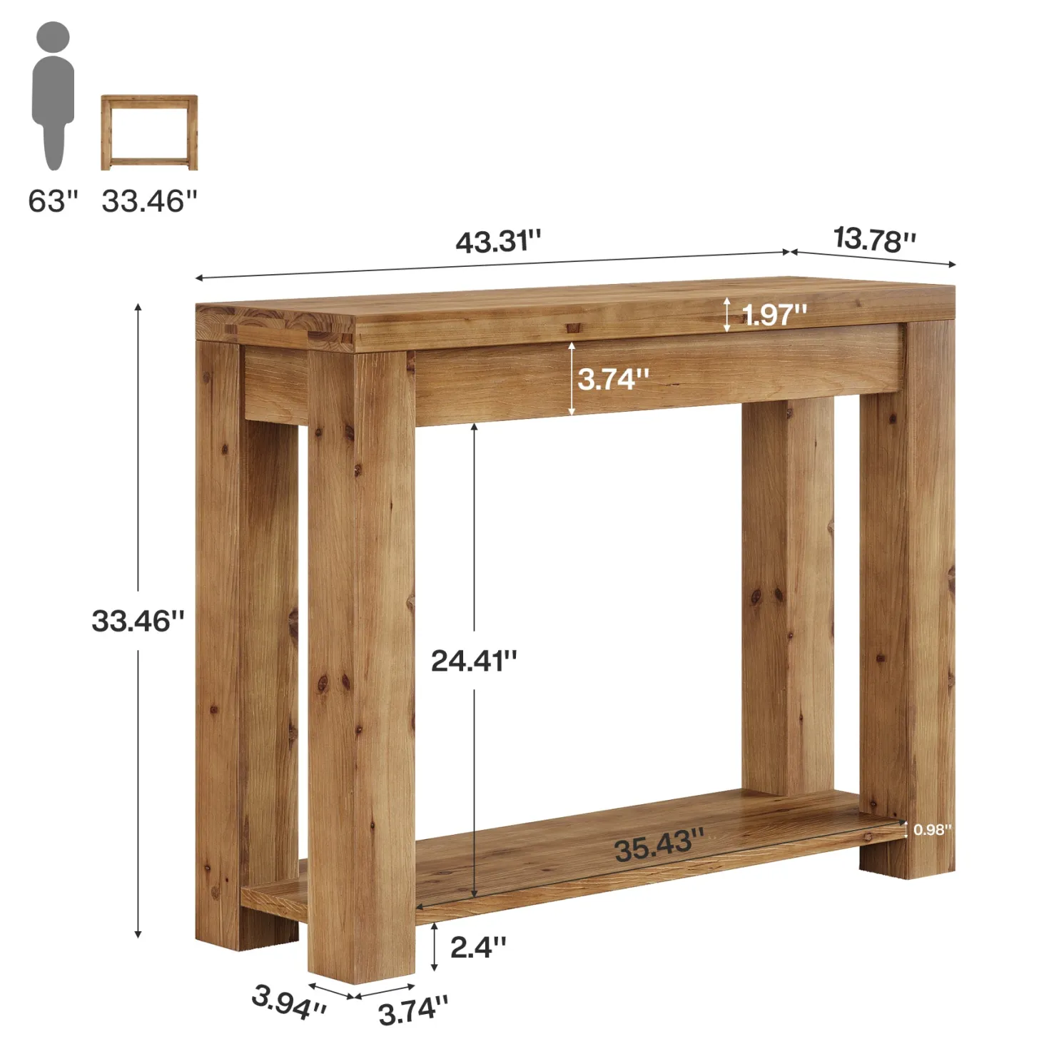 Solid Wood 43.31" Farmhouse Console Table, Narrow Entryway Sofa Table for Living Room, Hallway