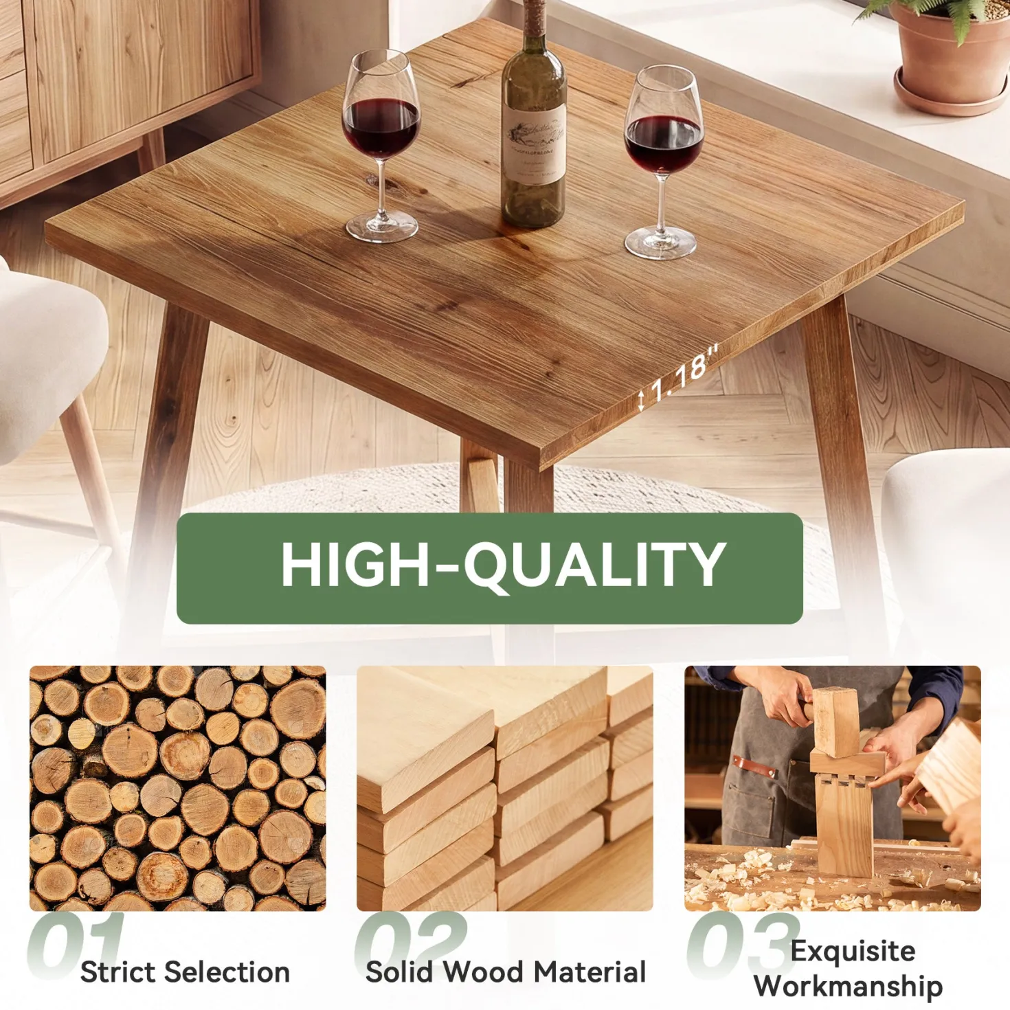 Solid Wood Bar Table, 31.5" Square Counter Height Pub Bistro Table with Footrest