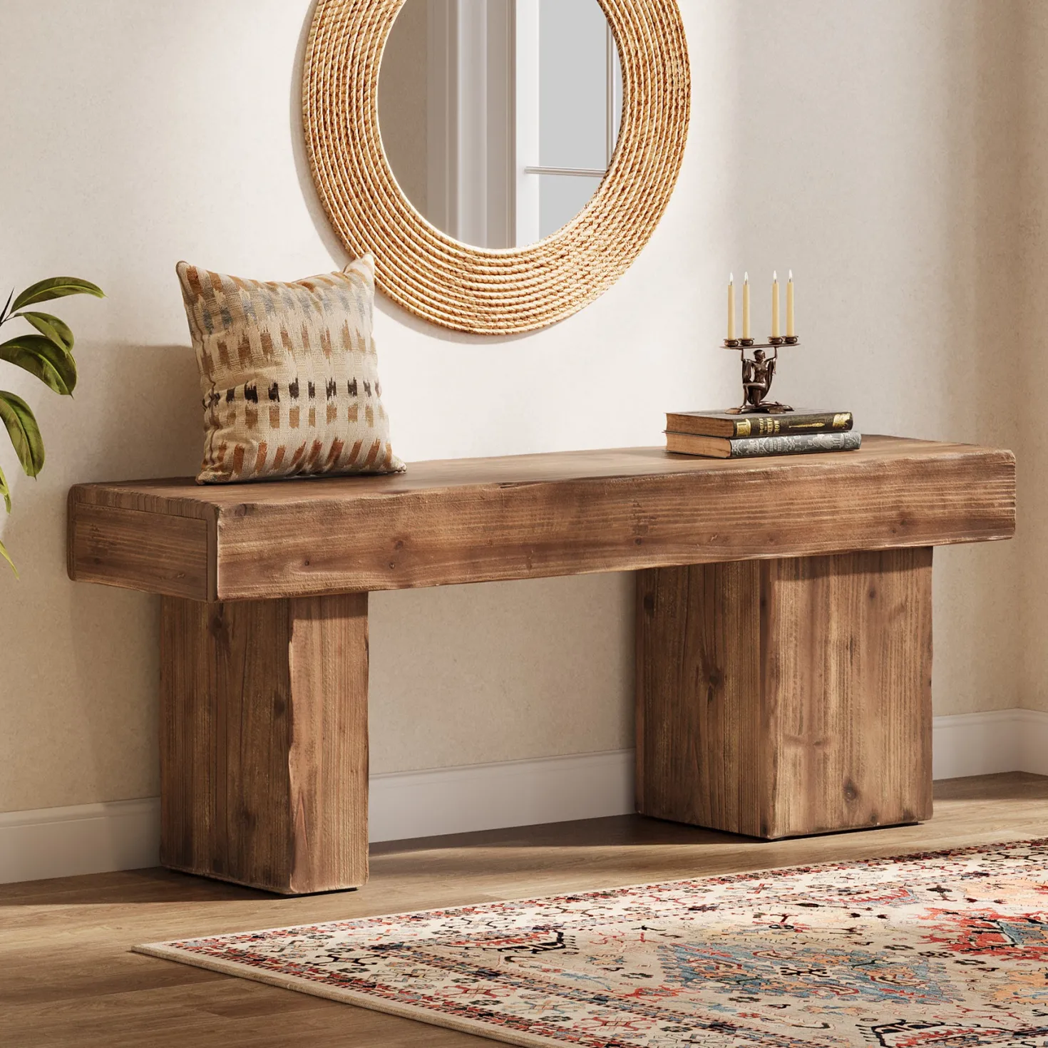 Solid Wood Bench, 47" Farmhouse Entryway Bench with Artistic Legs
