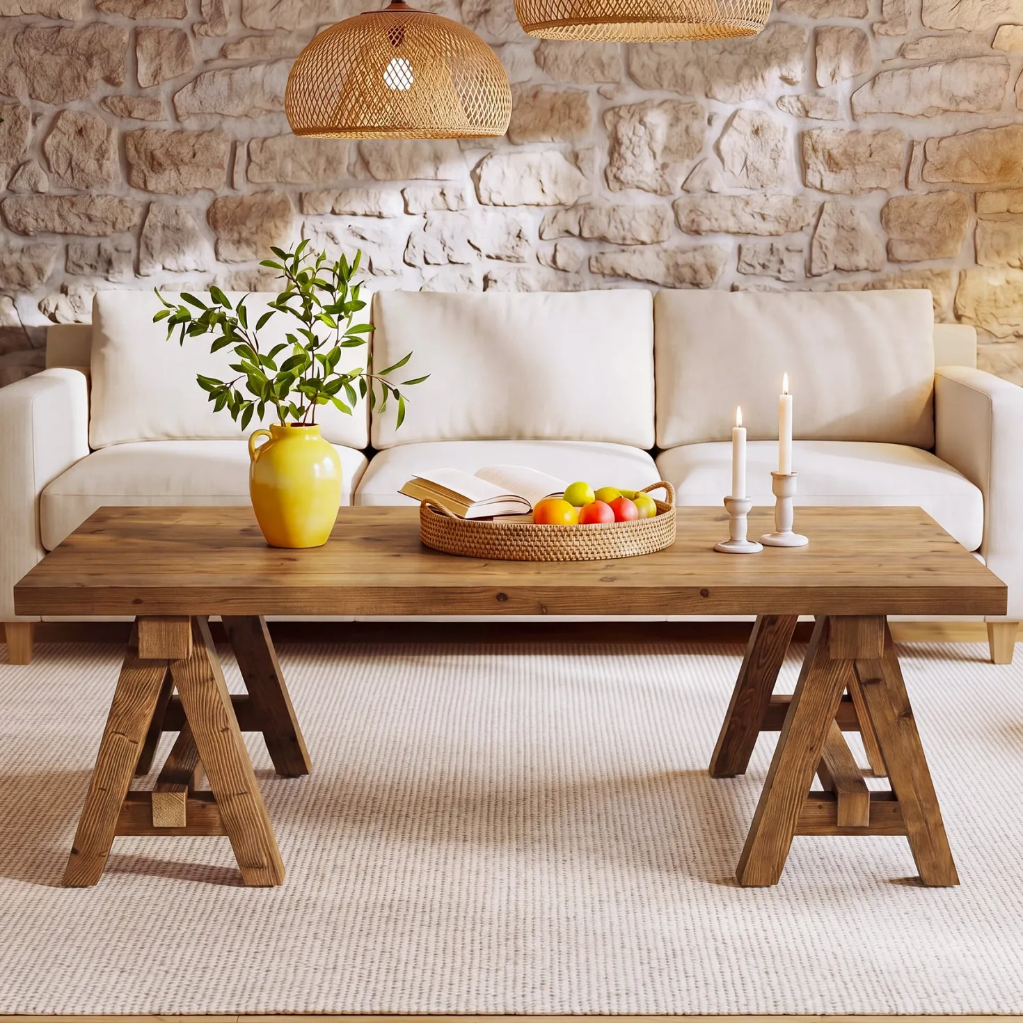 Solid Wood Coffee Table, 47" Farmhouse Center Table with Trestle Base for Living Room