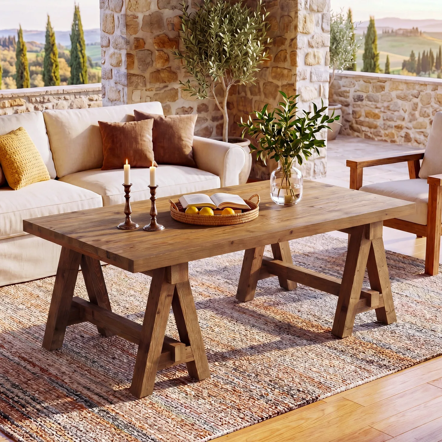 Solid Wood Coffee Table, 47" Farmhouse Center Table with Trestle Base for Living Room