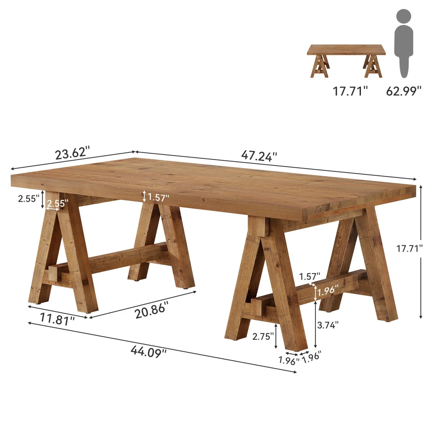 Solid Wood Coffee Table, 47" Farmhouse Center Table with Trestle Base for Living Room