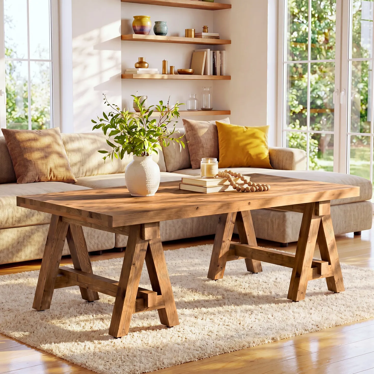 Solid Wood Coffee Table, 47" Farmhouse Center Table with Trestle Base for Living Room