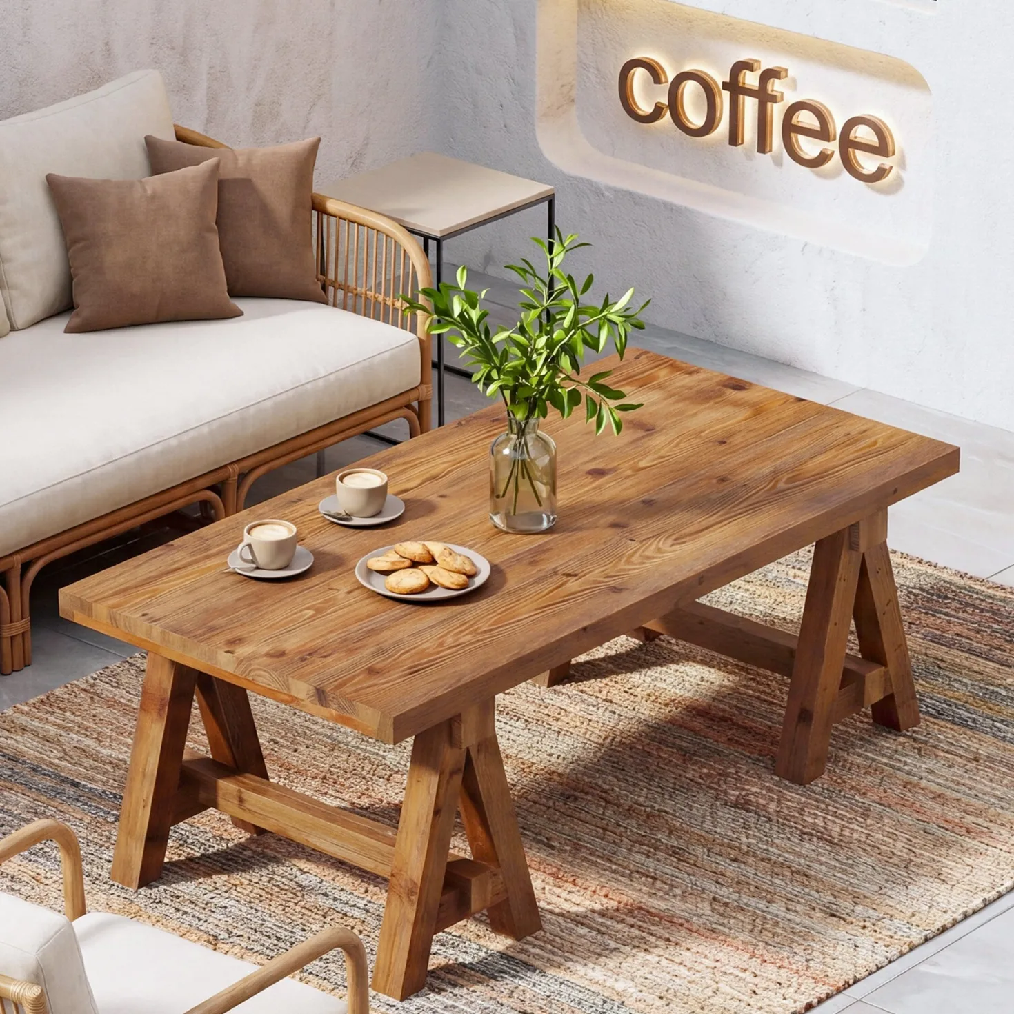 Solid Wood Coffee Table, 47" Farmhouse Center Table with Trestle Base for Living Room