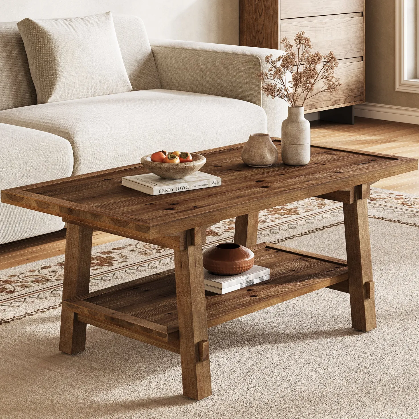 Solid Wood Coffee Table, 47" Rectangle Center Table with 2-Tier Shelves
