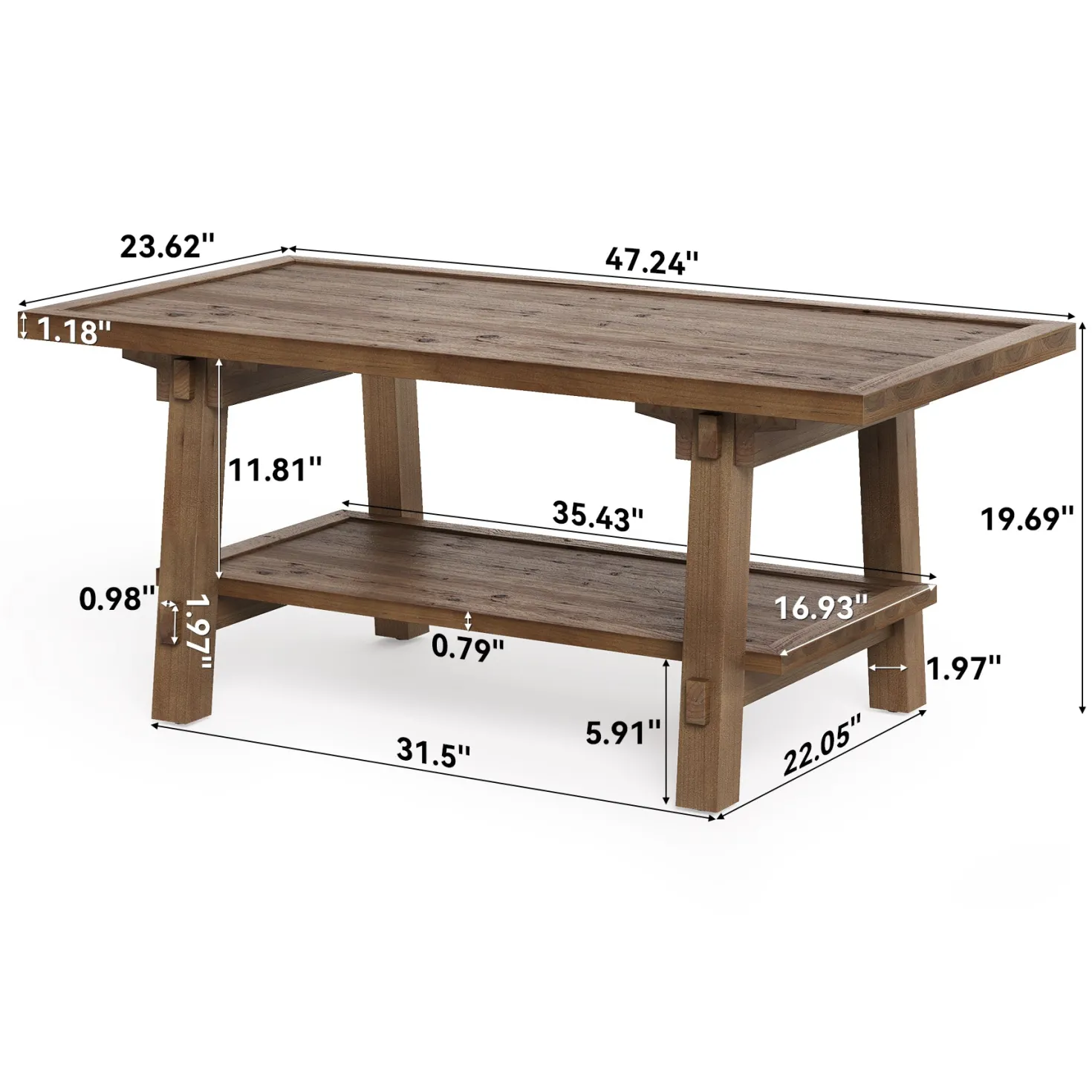 Solid Wood Coffee Table, 47" Rectangle Center Table with 2-Tier Shelves