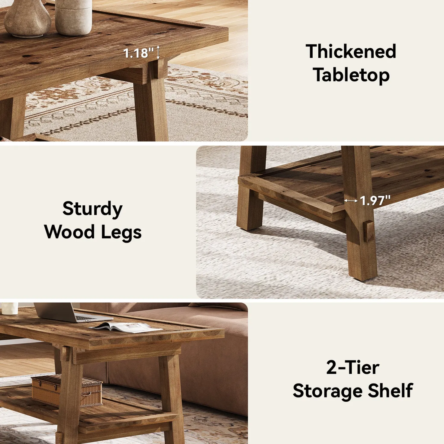 Solid Wood Coffee Table, 47" Rectangle Center Table with 2-Tier Shelves