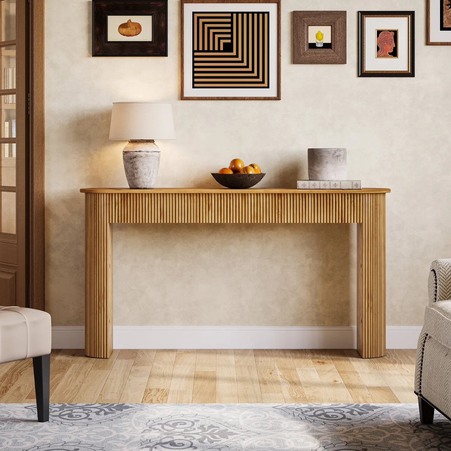 Solid Wood Console Table, 63" Retro Entryway Table with Vertical Fluted Stripes