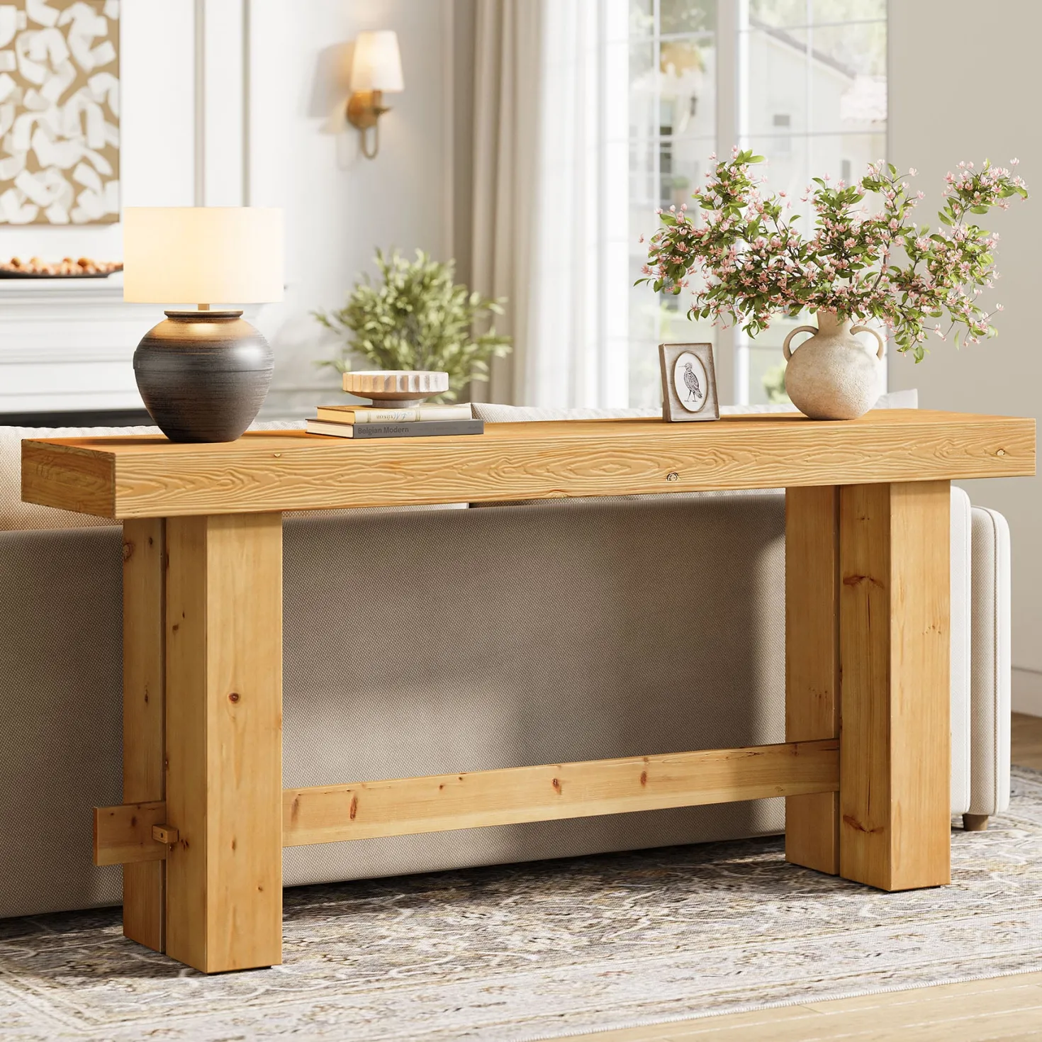 Solid Wood Console Table, 63" Sofa Entryway Table with Stable Leg
