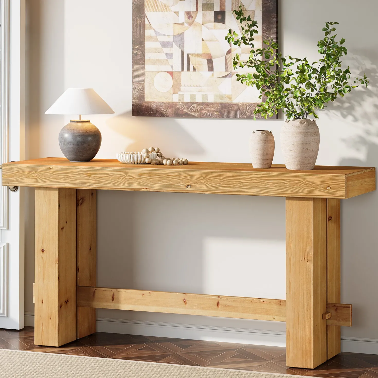 Solid Wood Console Table, 63" Sofa Entryway Table with Stable Leg