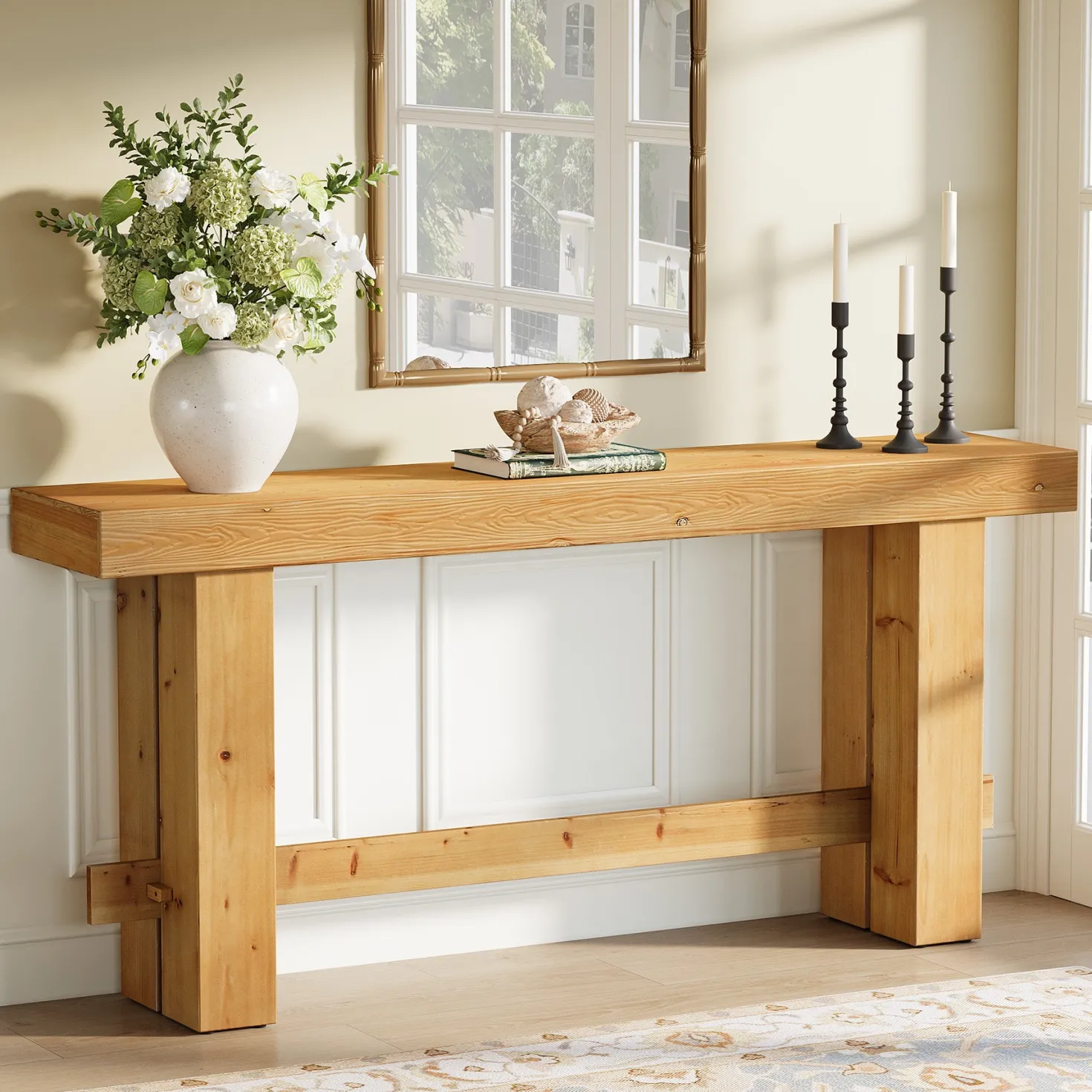 Solid Wood Console Table, 63" Sofa Entryway Table with Stable Leg