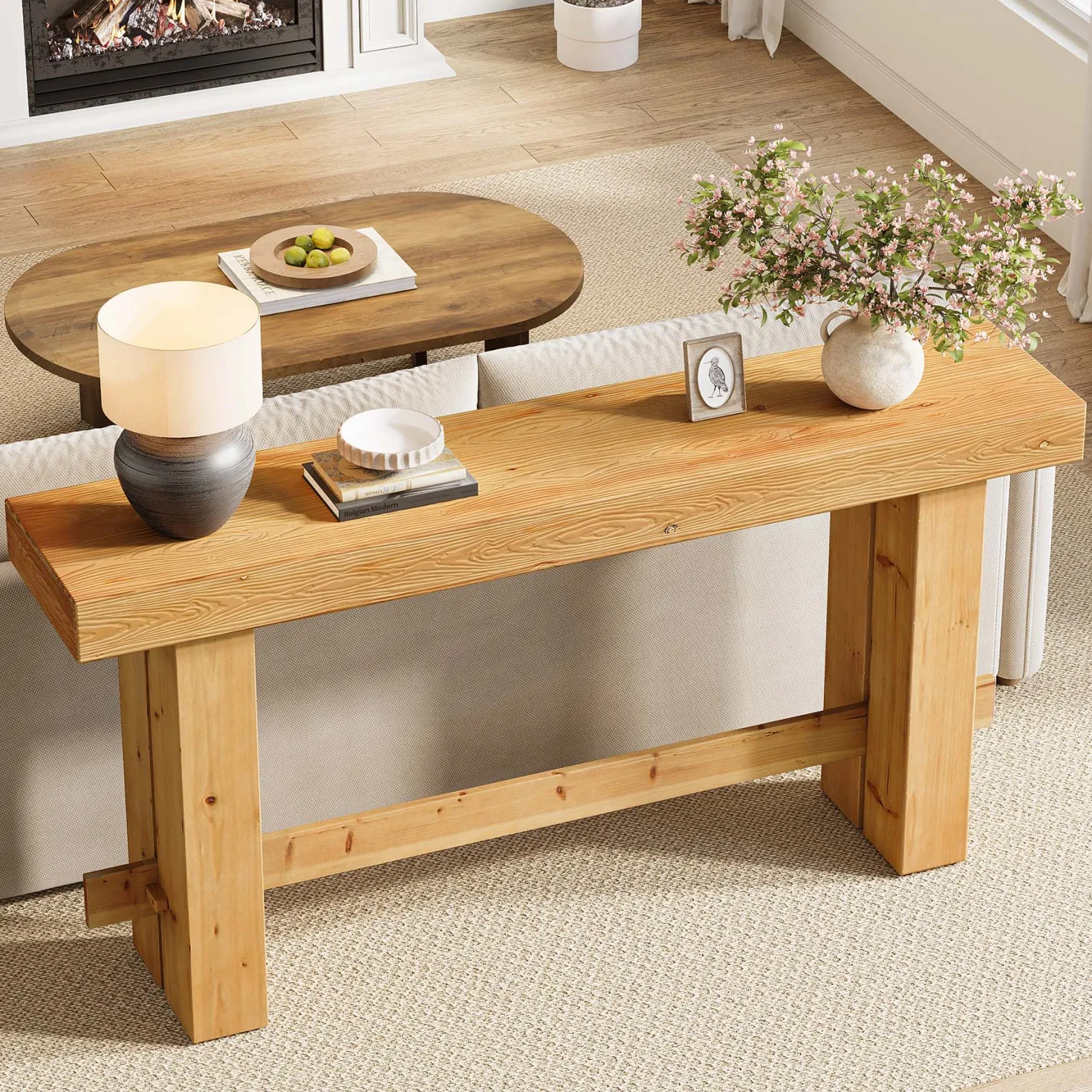 Solid Wood Console Table, 63" Sofa Entryway Table with Stable Leg