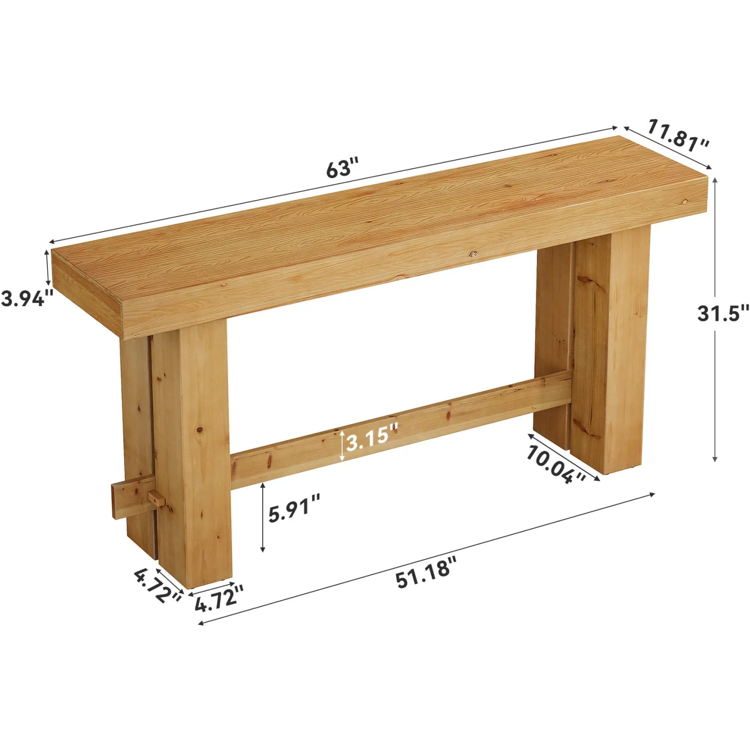 Solid Wood Console Table, 63" Sofa Entryway Table with Stable Leg