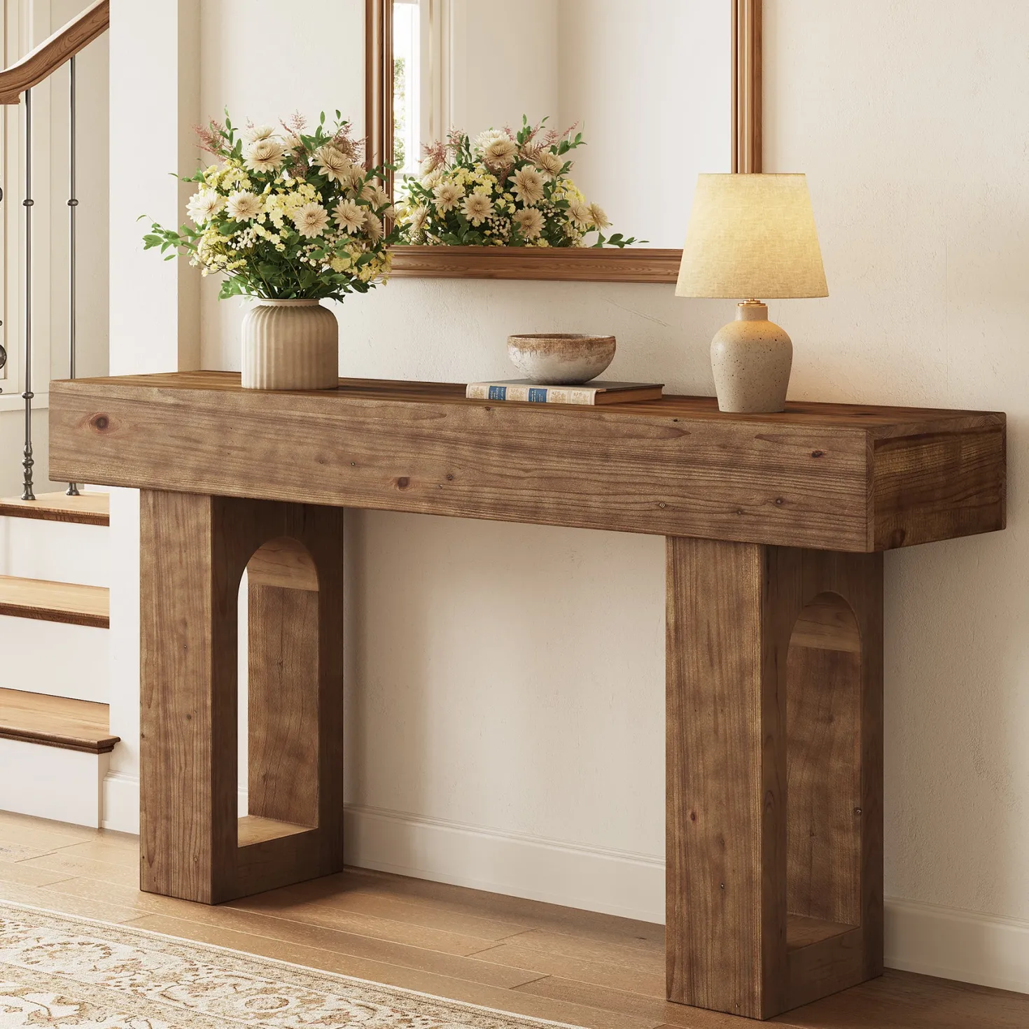 Solid Wood Console Table, 63" Farmhouse Entryway Sofa Table Behind Couch