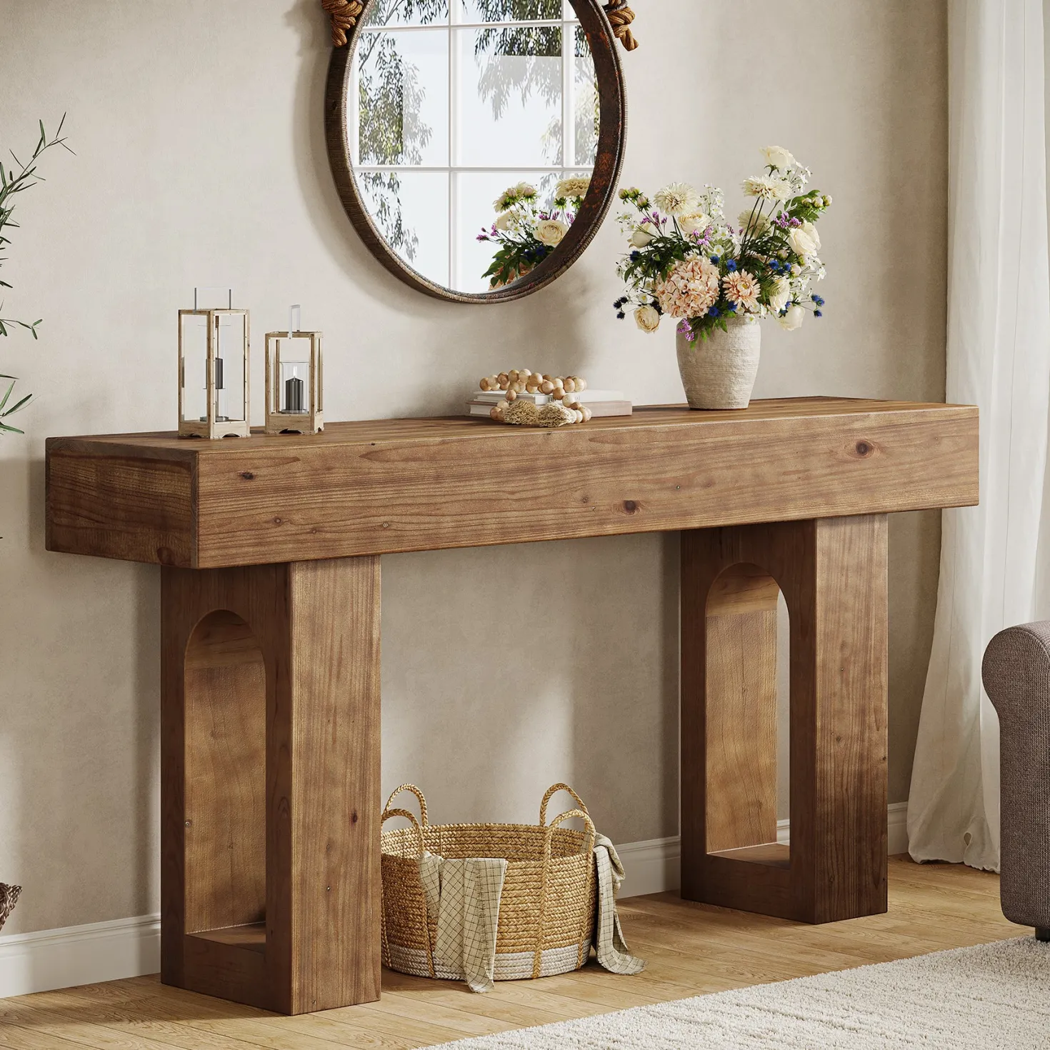 Solid Wood Console Table, 63" Farmhouse Entryway Sofa Table Behind Couch