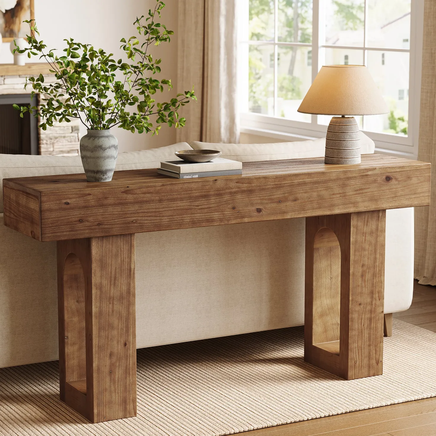 Solid Wood Console Table, 63" Farmhouse Entryway Sofa Table Behind Couch