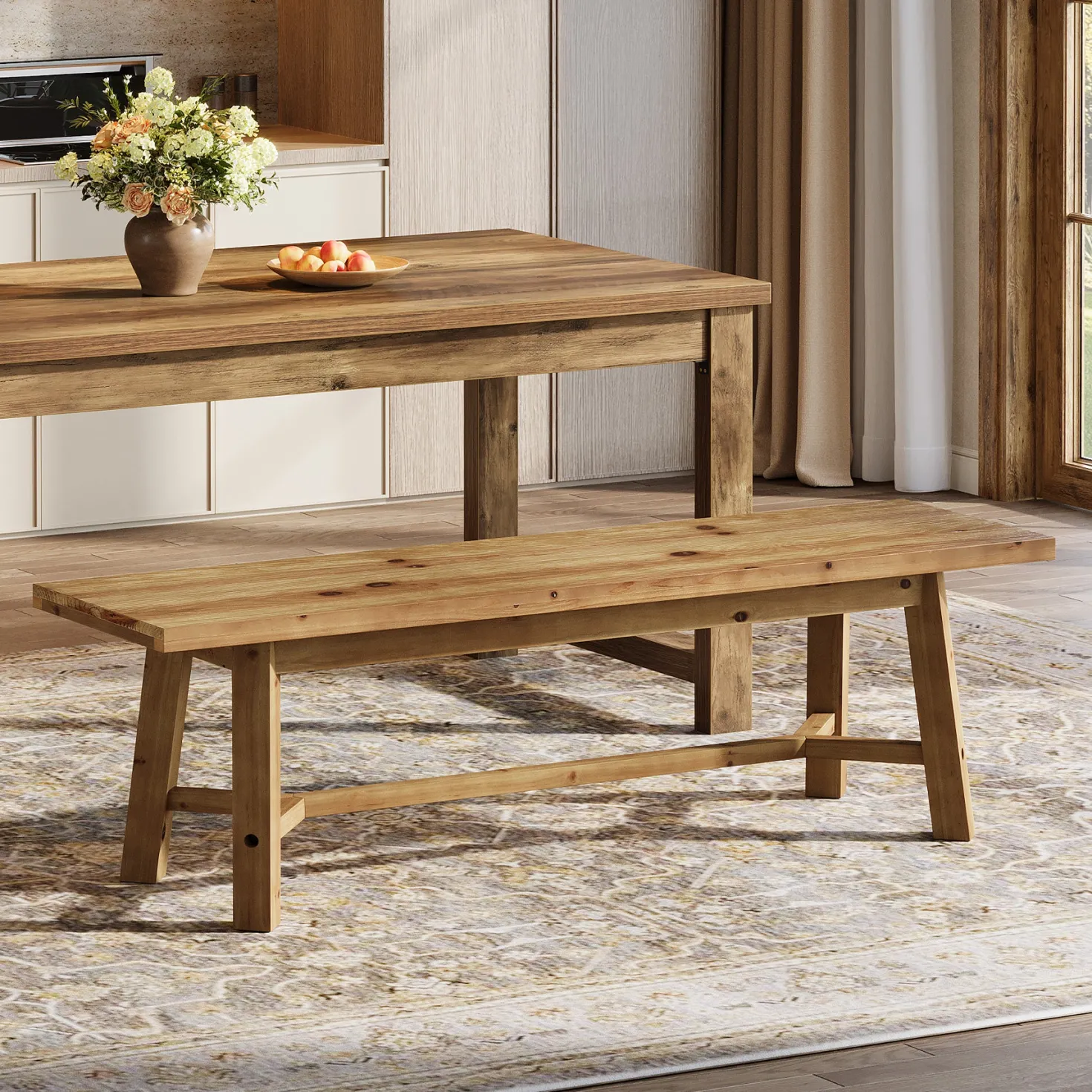 Solid Wood Dining Bench, 55.12" Kitchen Bench with Strengthened Legs