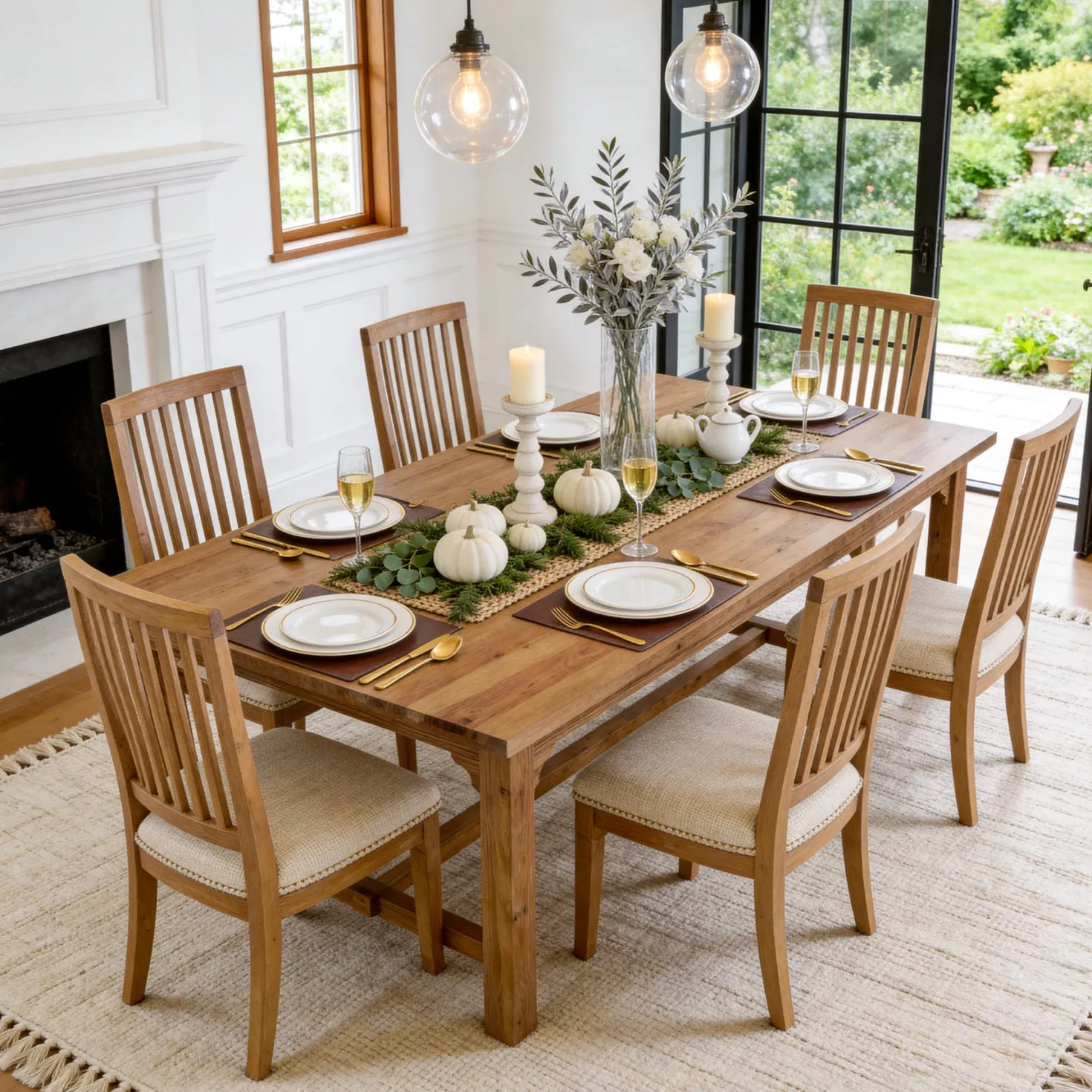 Solid Wood Dining Table, 63" Rectangular Kitchen Table with Foot Bar