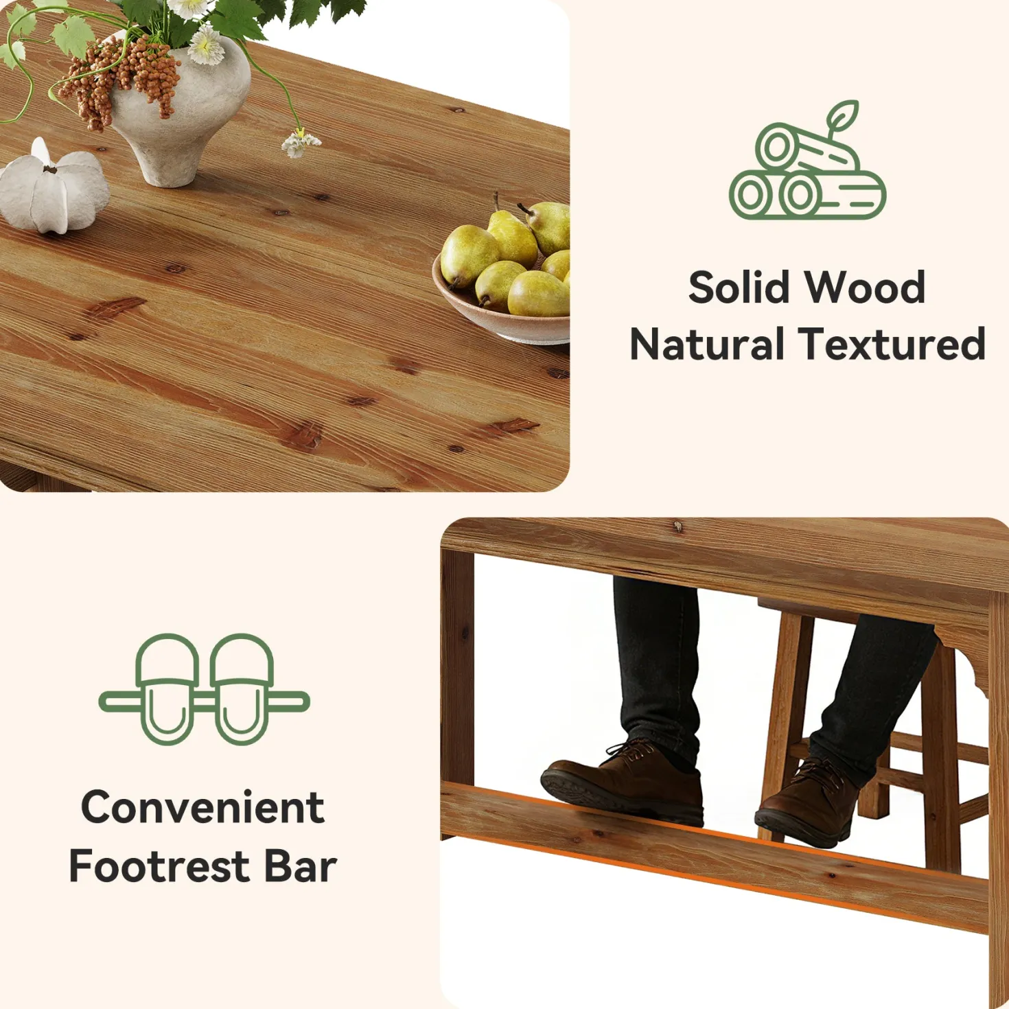 Solid Wood Dining Table, 63" Rectangular Kitchen Table with Foot Bar